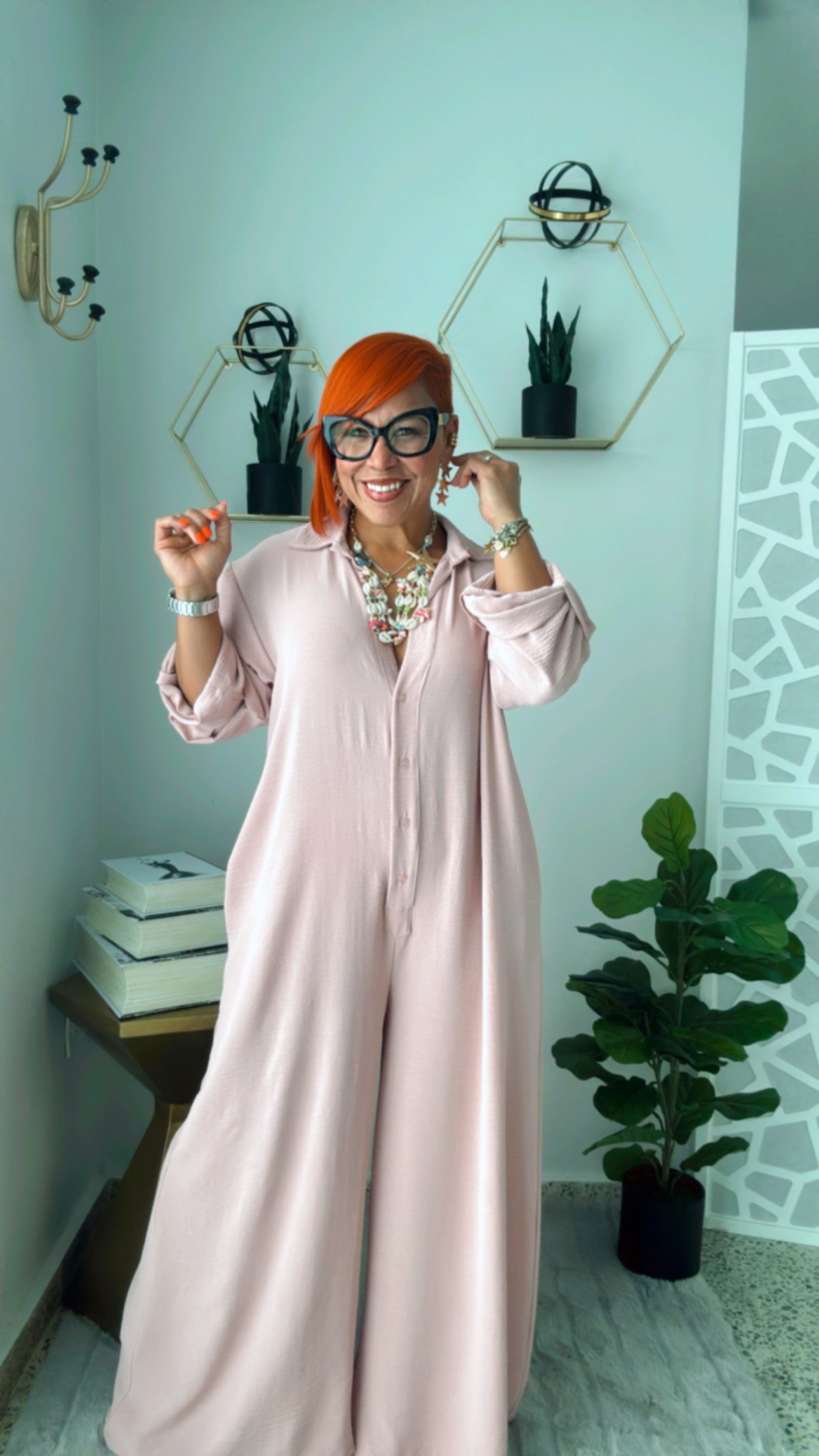 Rose Chic Oversized Button-Up Jumpsuit,