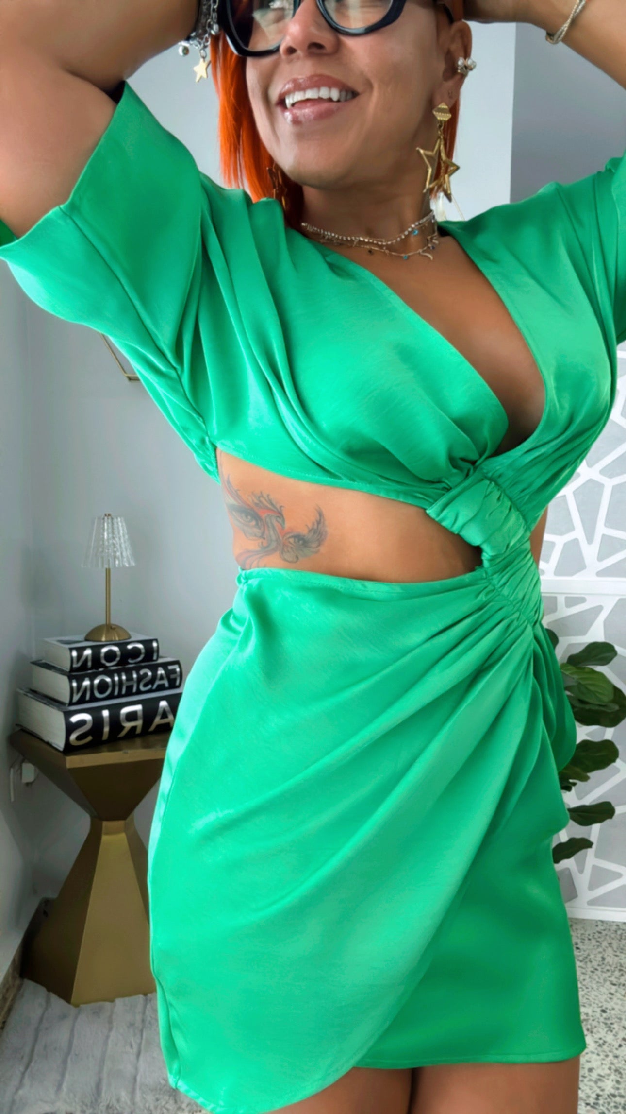 Cut-out Mini Dress - Satin Green