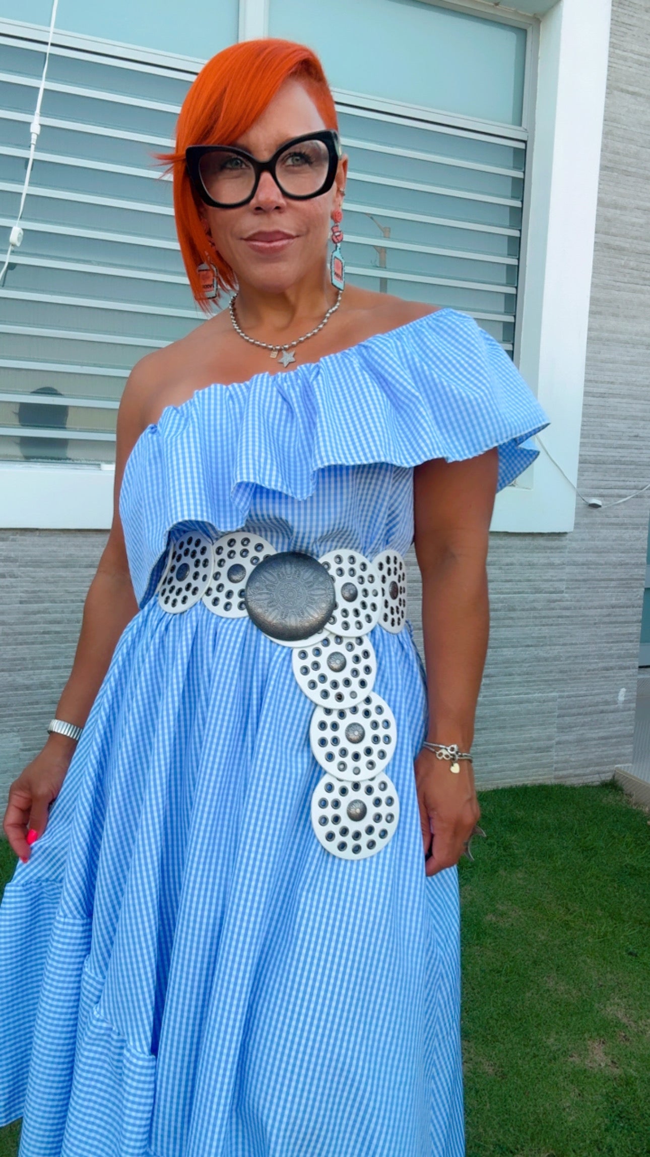 Gingham One Shoulder Maxi Dress