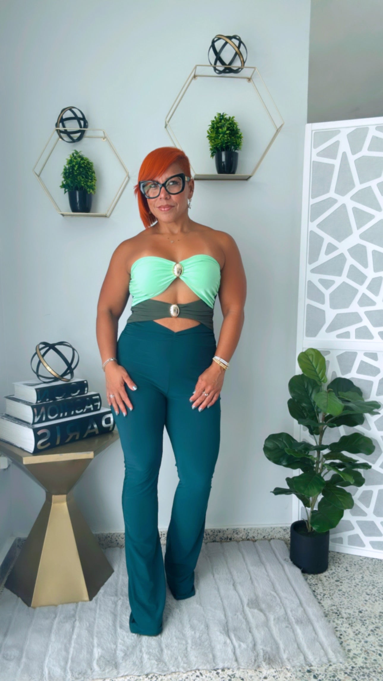 Green Color Block Cut-Out Jumpsuit