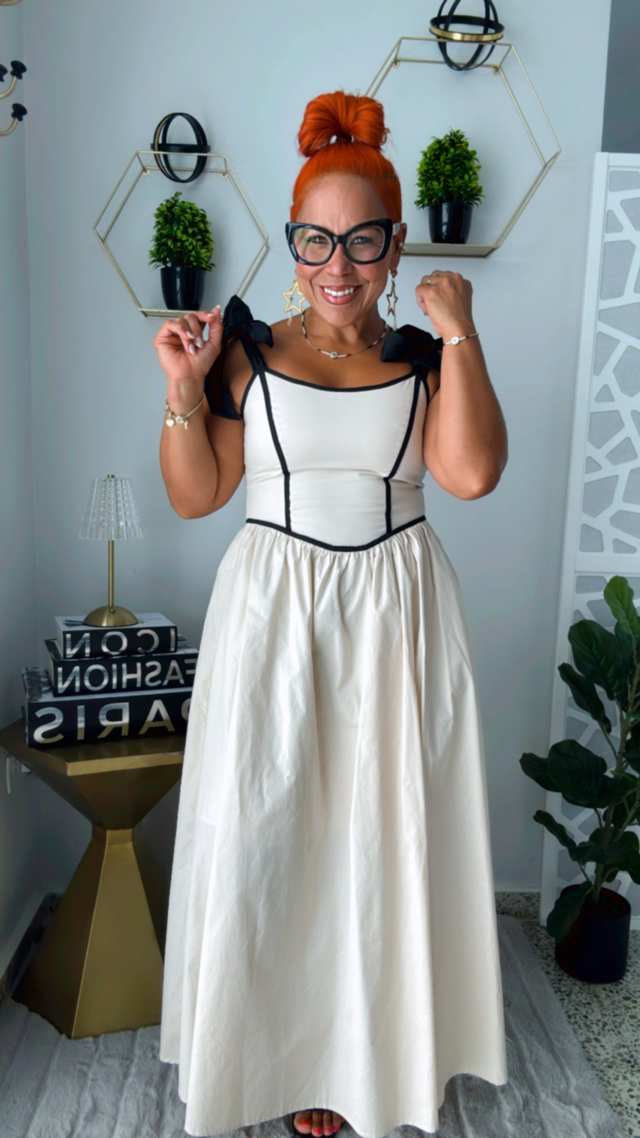Poplin Bow Strap Contrast Midi Dress