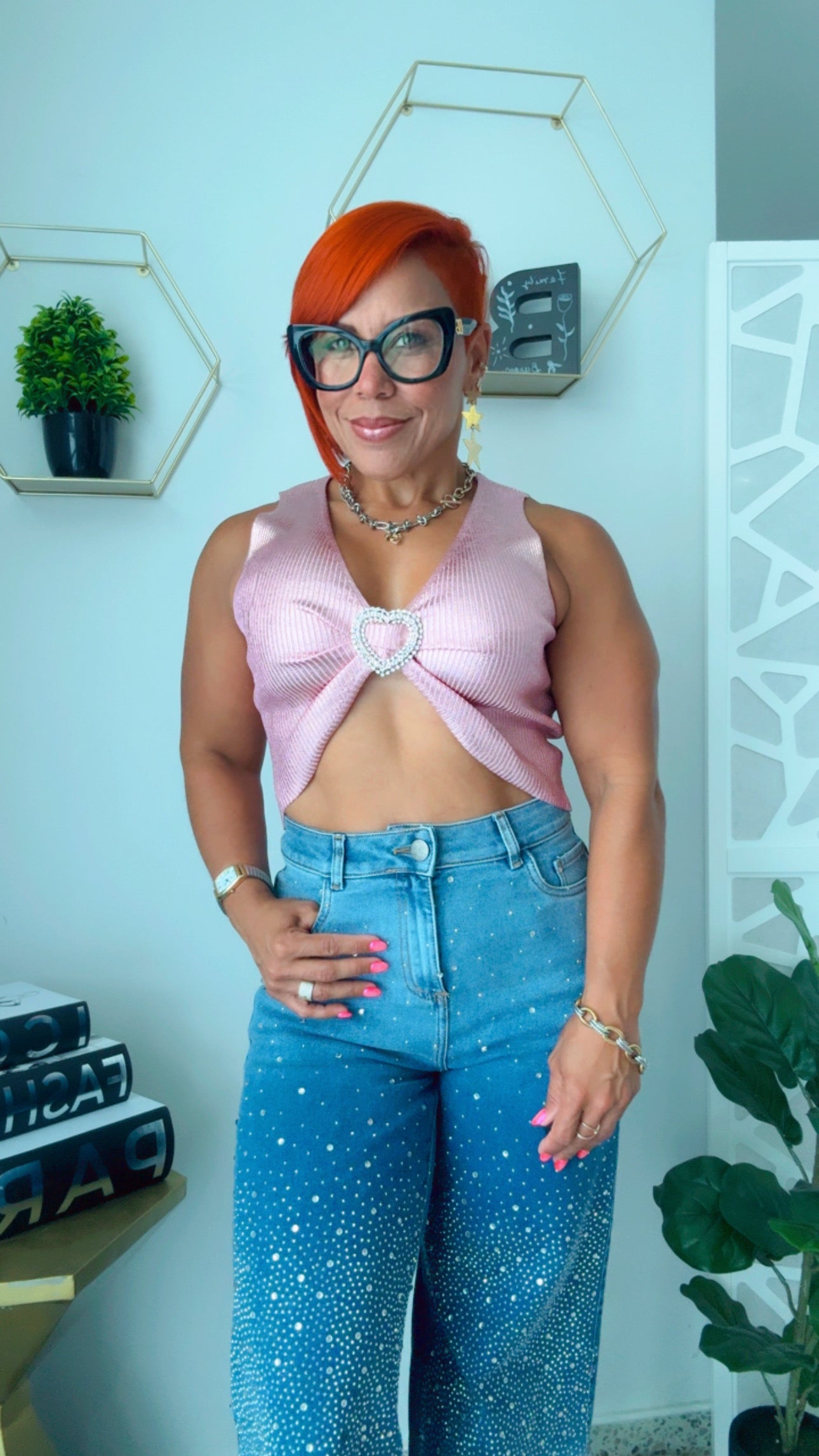 Rhinestone Heart Pink Metallic Crop Top