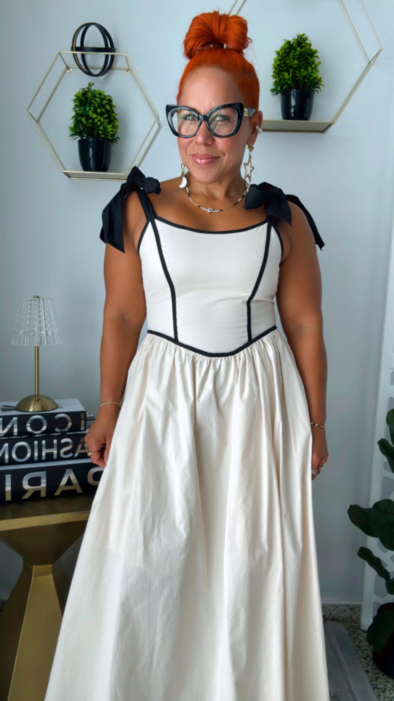 Poplin Bow Strap Contrast Midi Dress