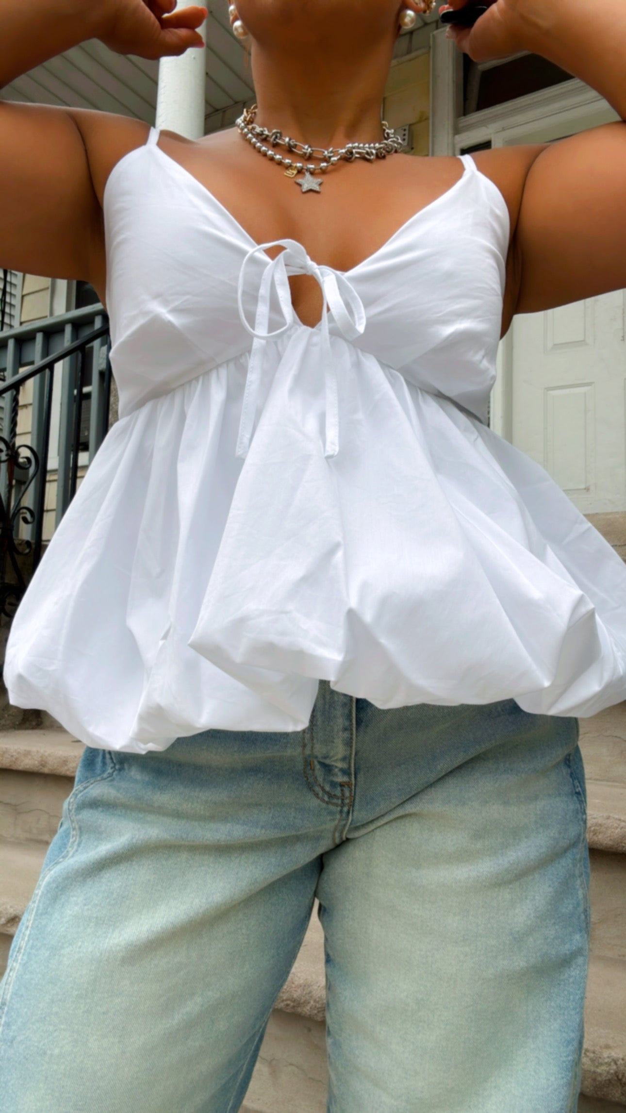 Puff Bottom Tie Front Cami Tank - White