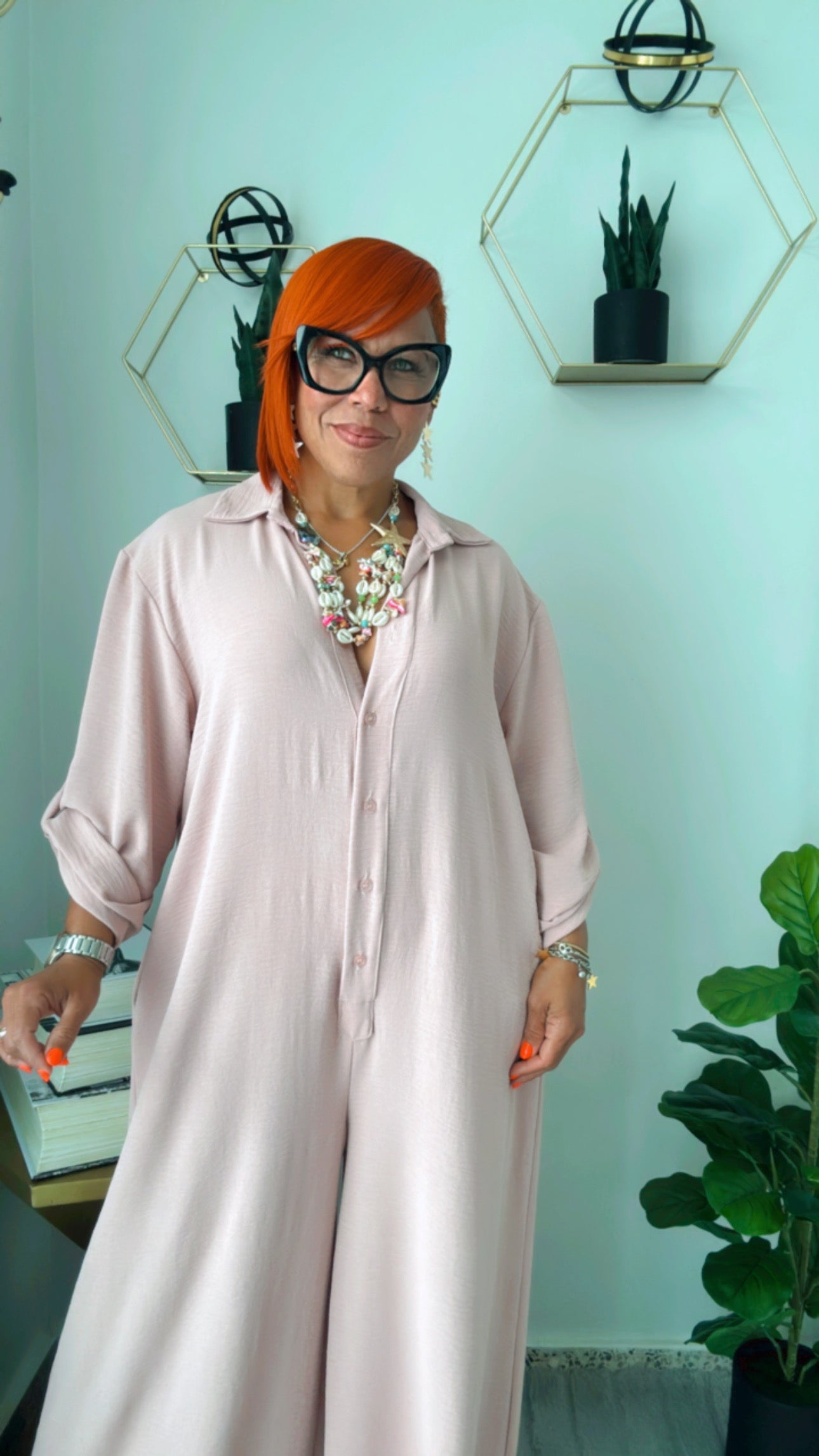 Rose Chic Oversized Button-Up Jumpsuit,