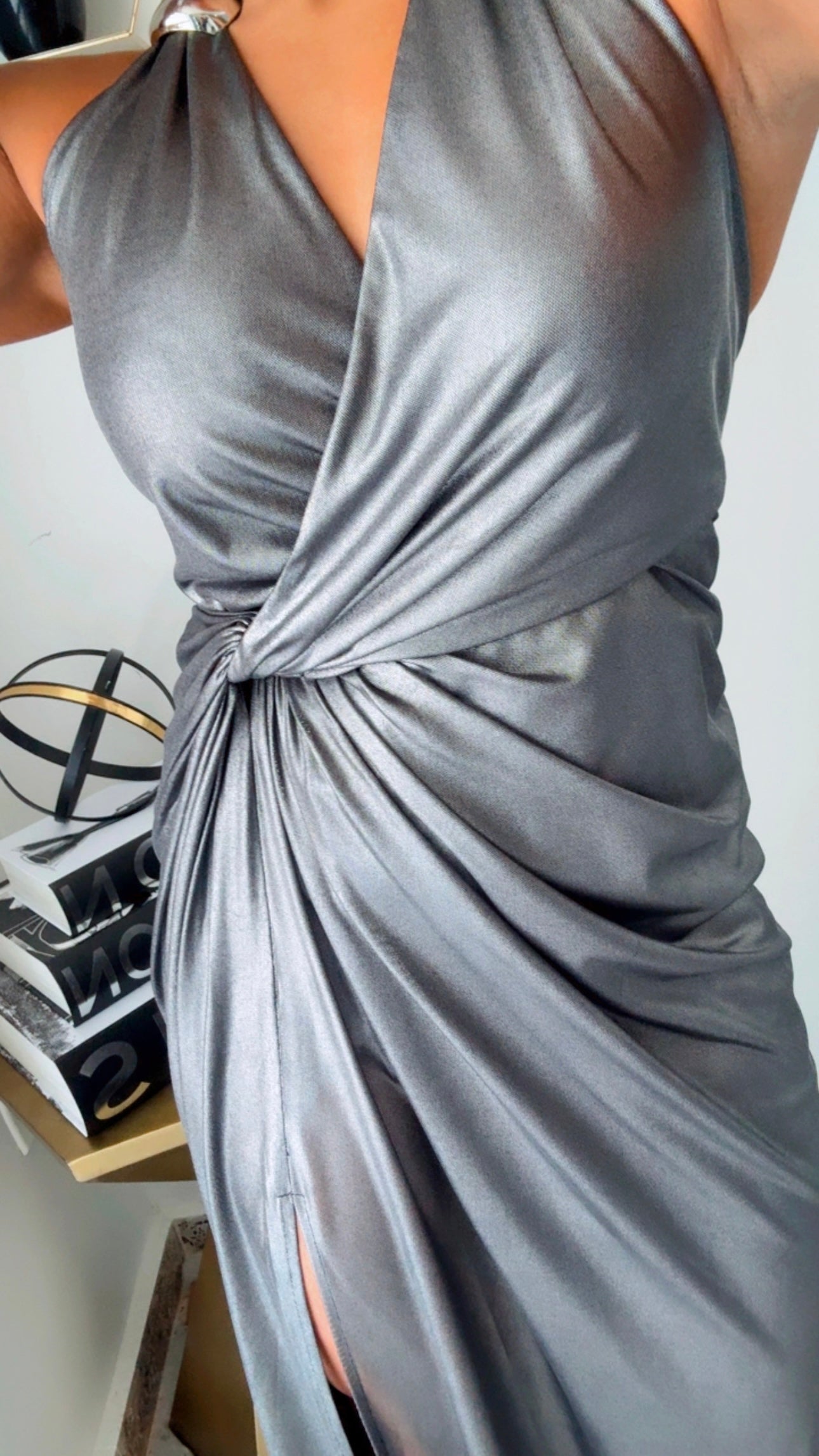 Twist Front Metallic Gray Maxi Dress (Pewter)