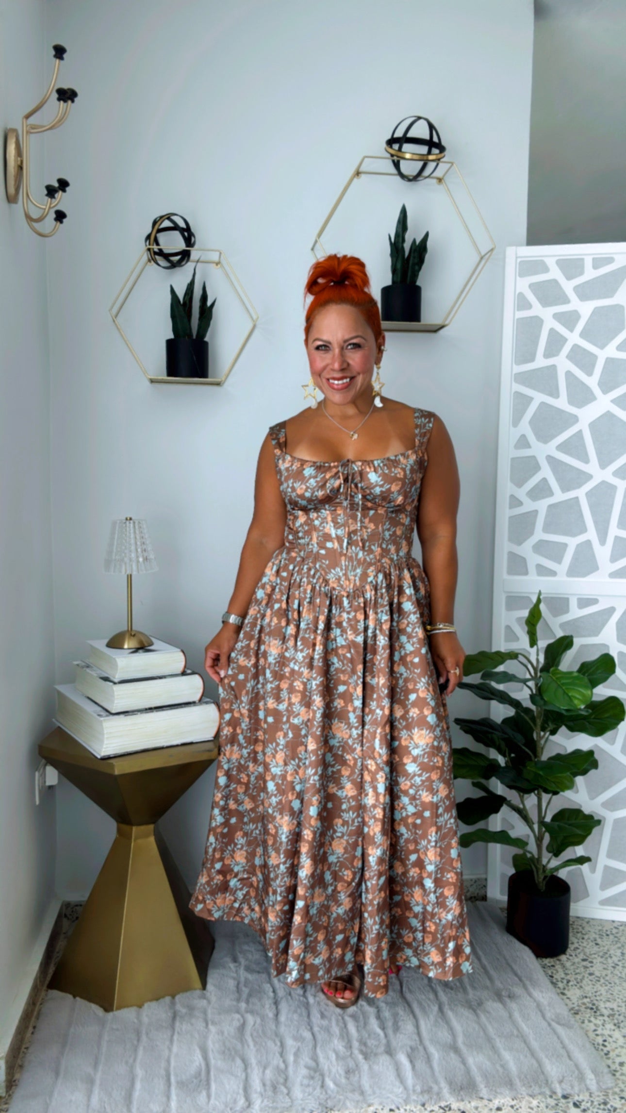 Flowered Mocha Corset Maxi Dress