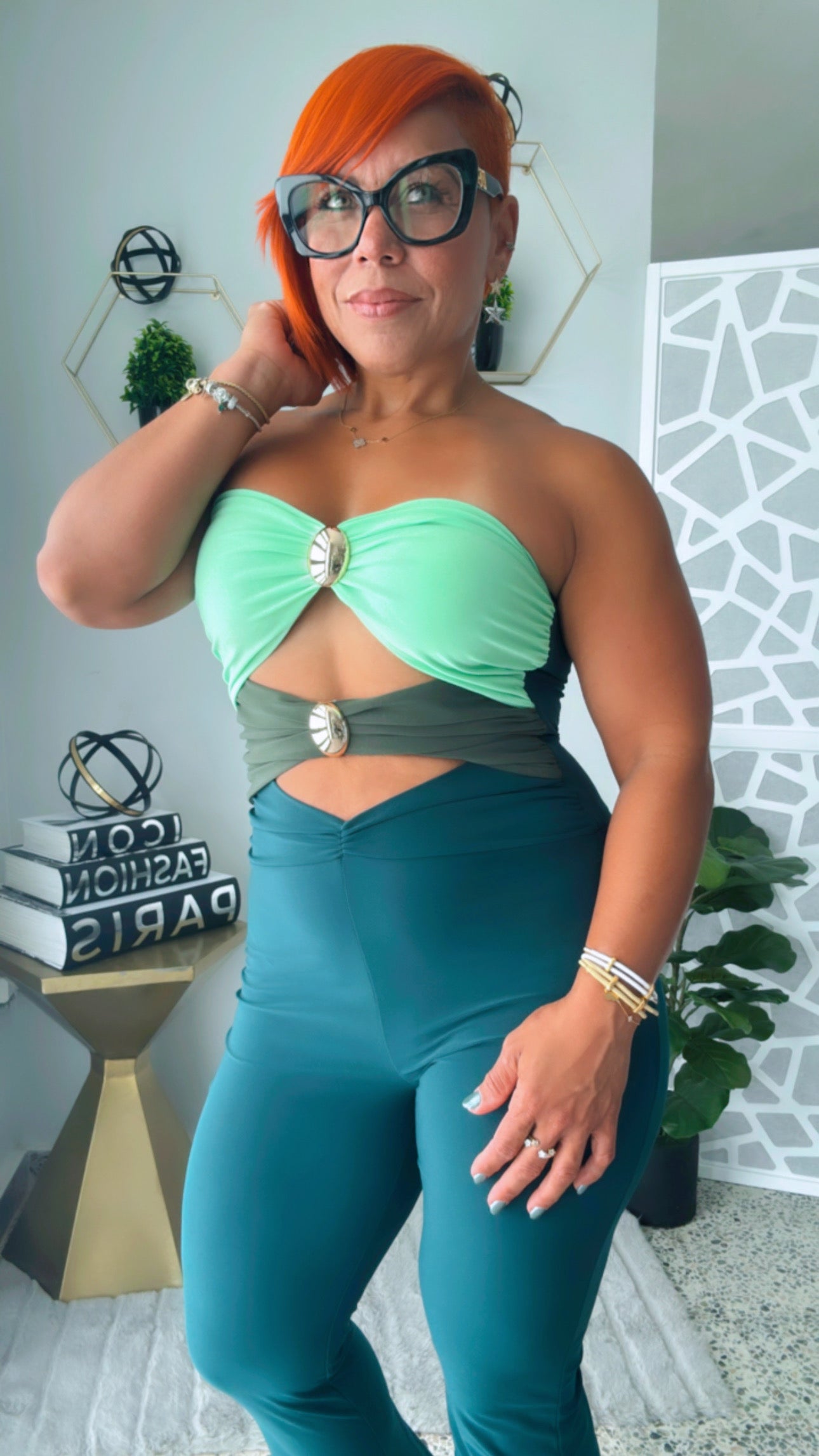 Green Color Block Cut-Out Jumpsuit