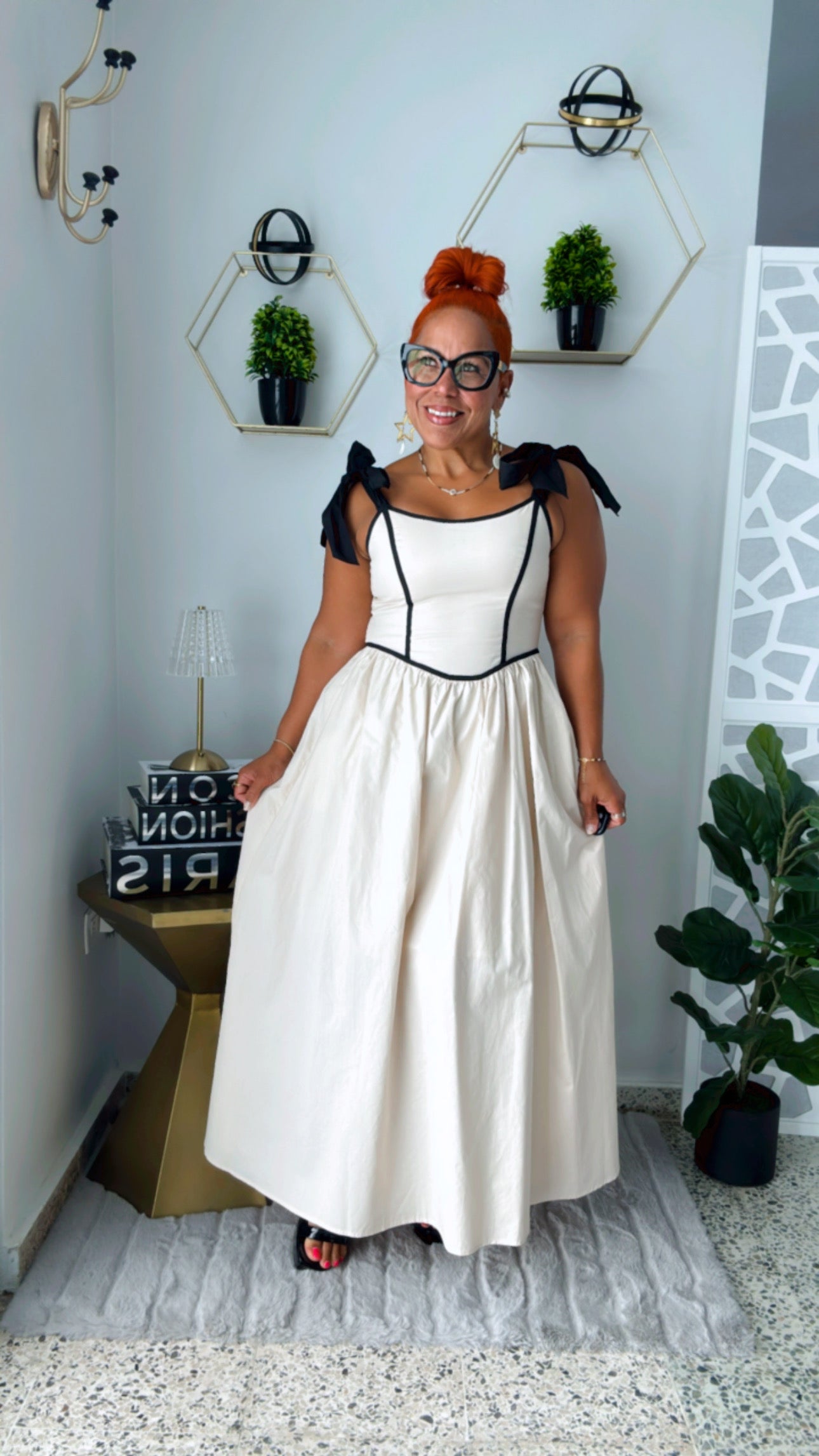 Poplin Bow Strap Contrast Midi Dress