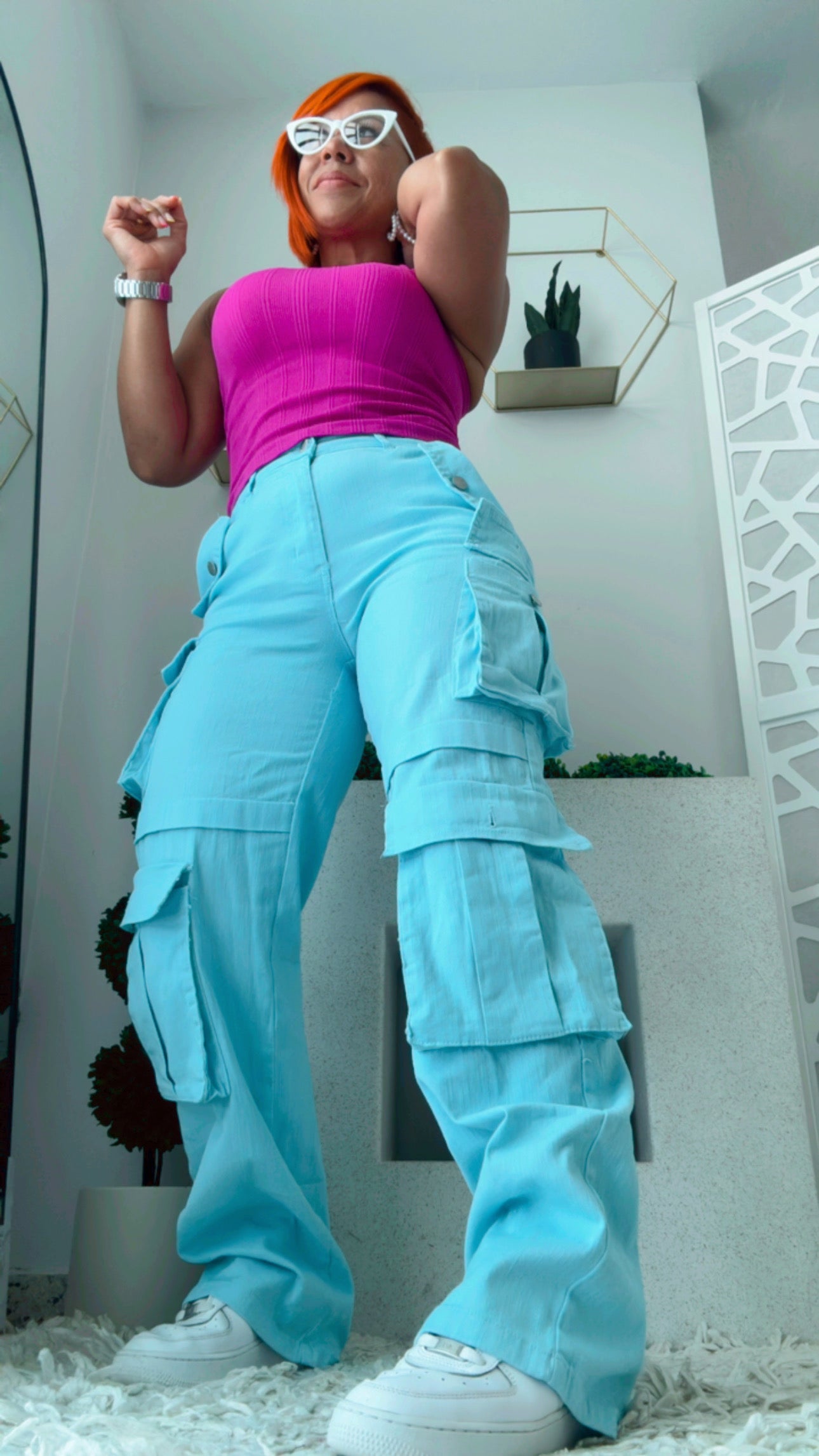Light Teal Relaxed-Fit High-Rise Cargo Pants