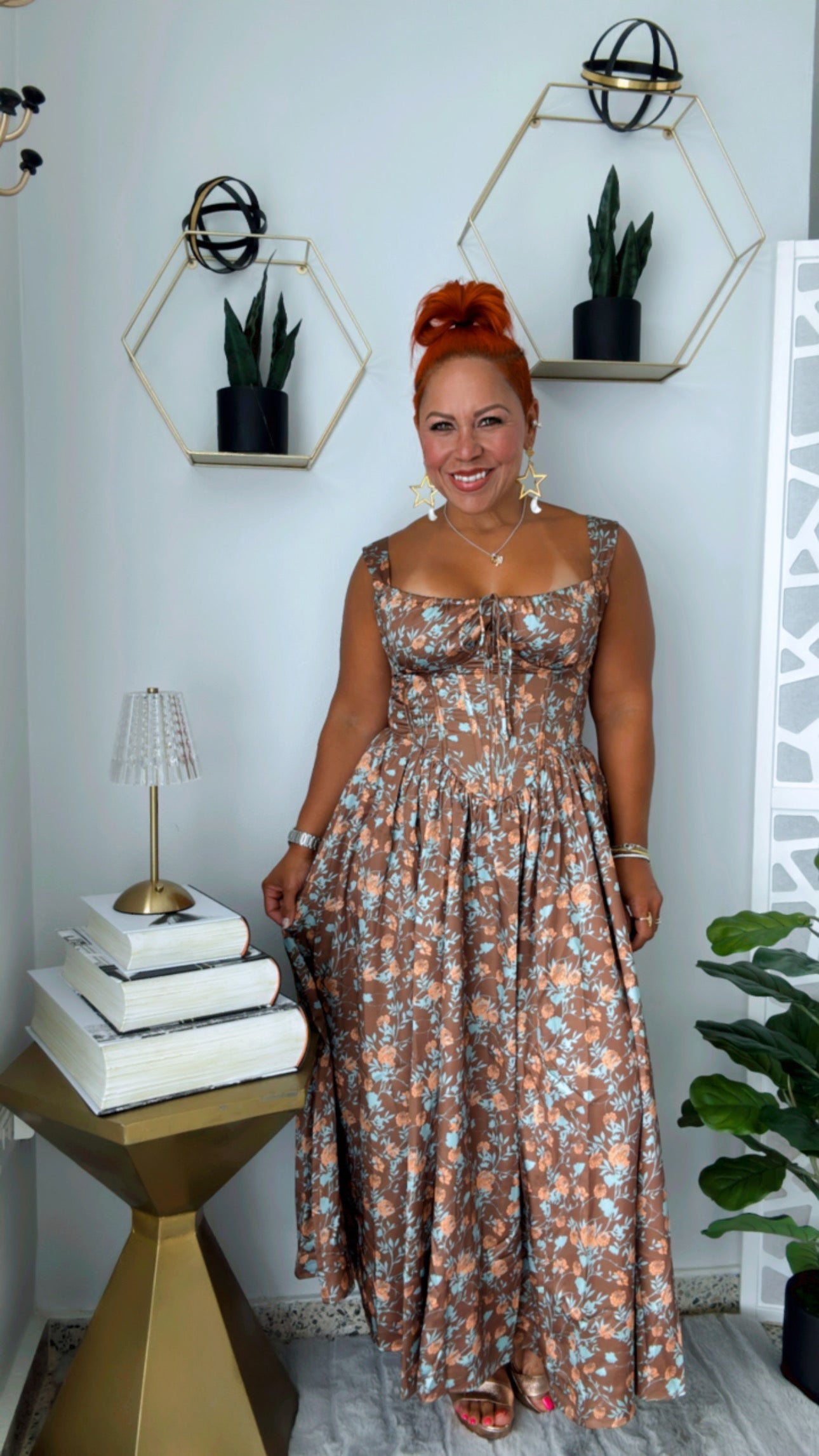Flowered Mocha Corset Maxi Dress