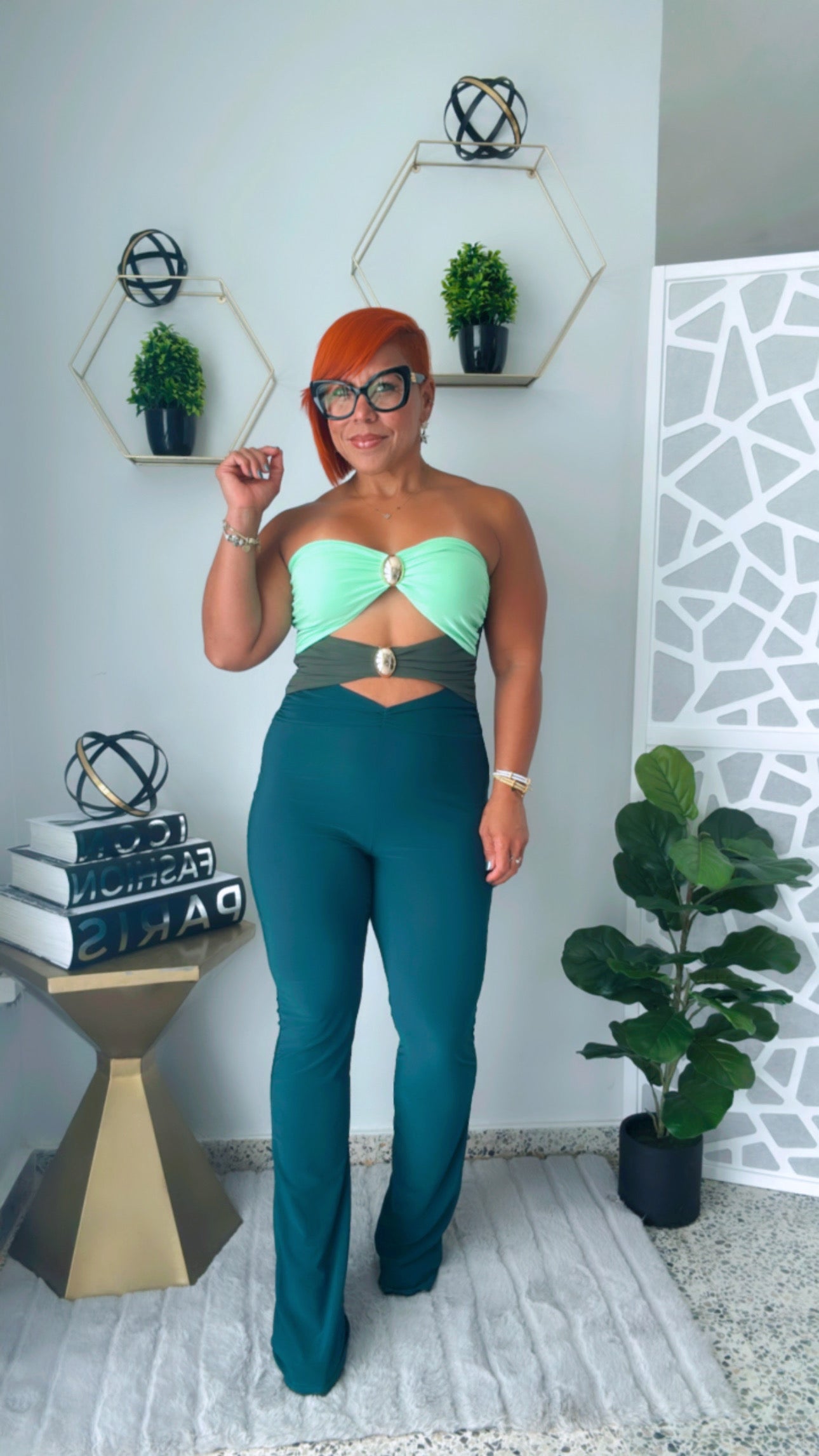 Green Color Block Cut-Out Jumpsuit