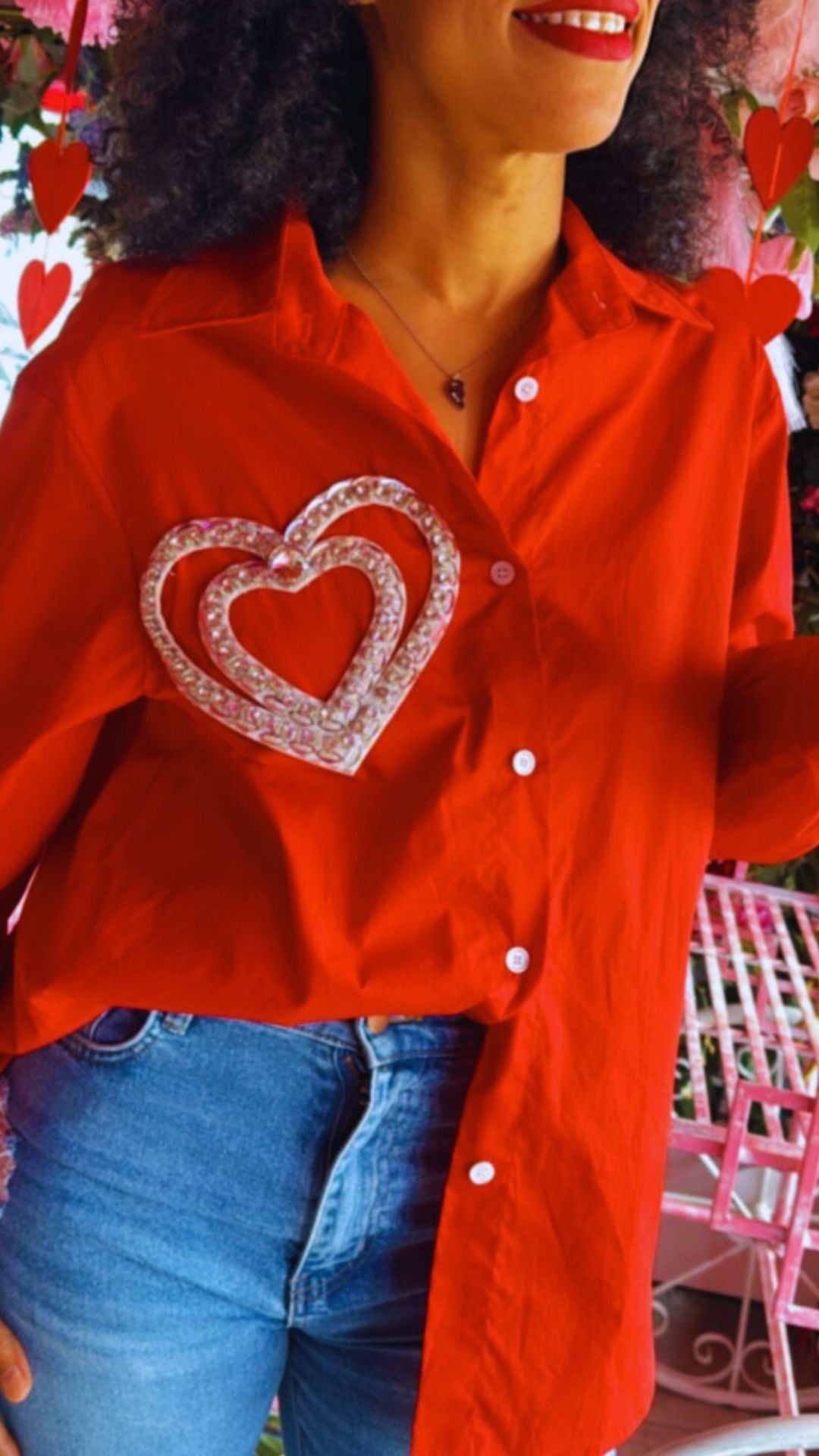 Lover's Charm Red Button-Up Blouse with Rhinestone Heart