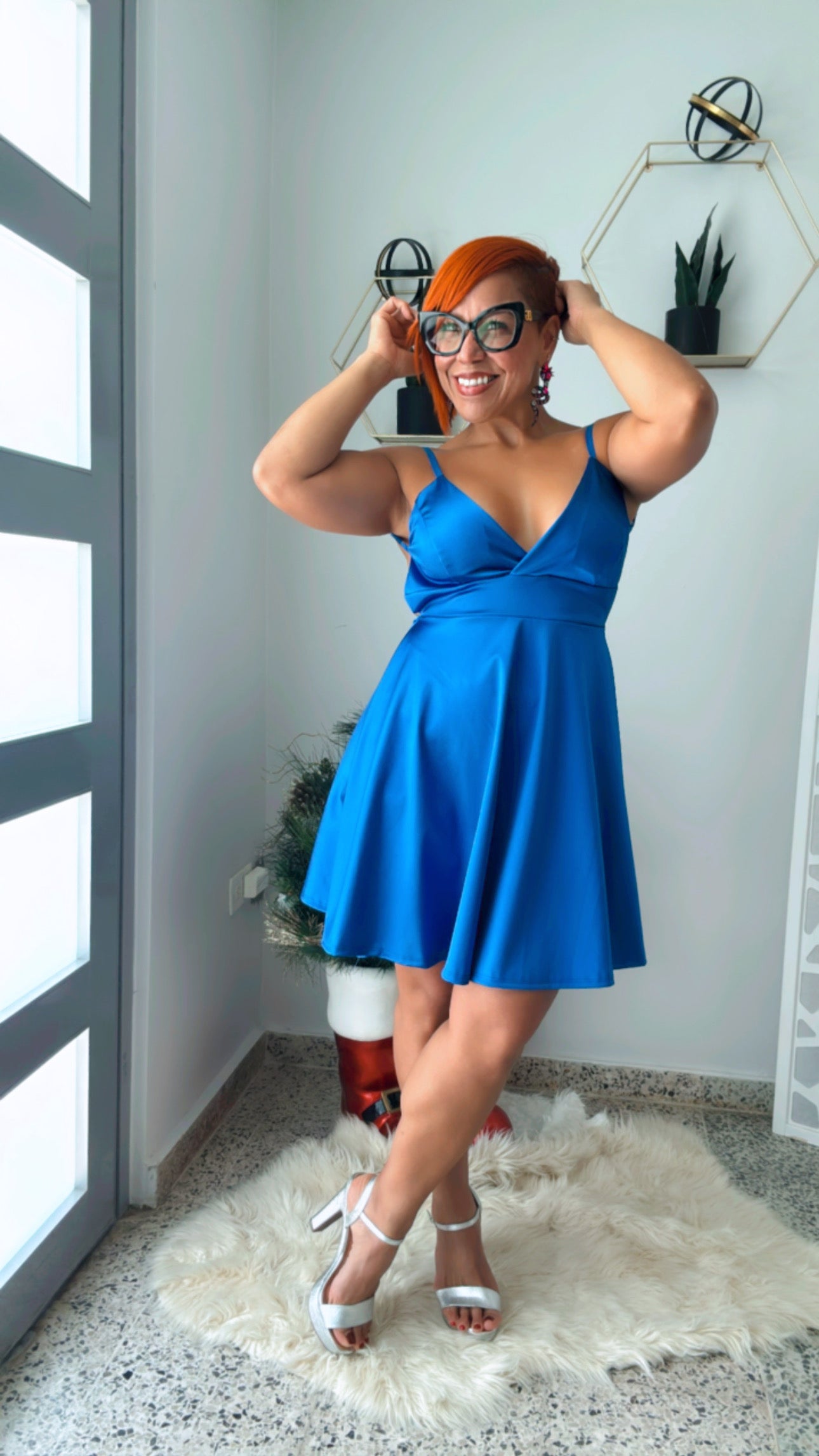 Satin Blue Backless Short Dress
