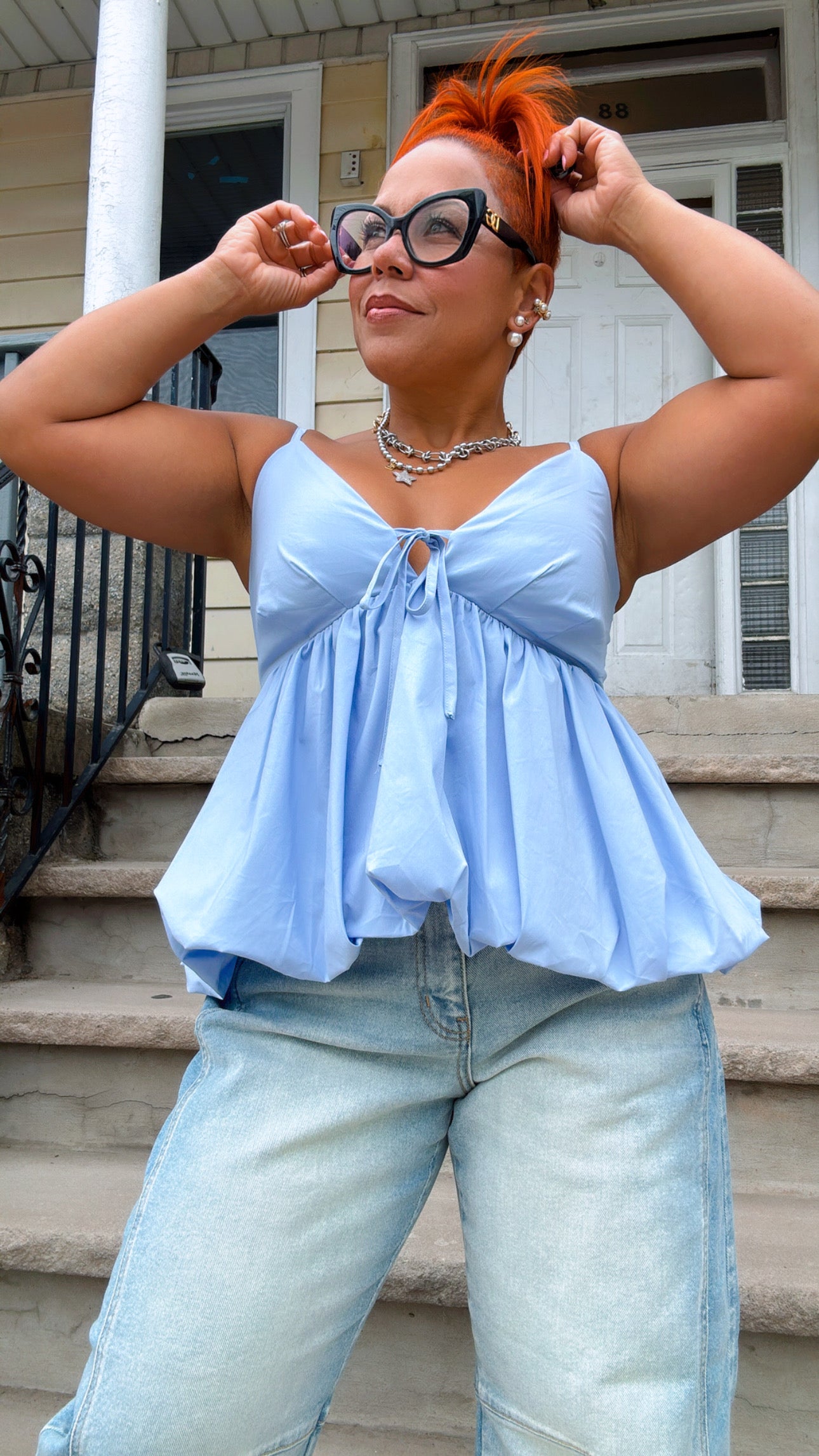 Puff Bottom Tie Front Cami Tank - Baby Blue