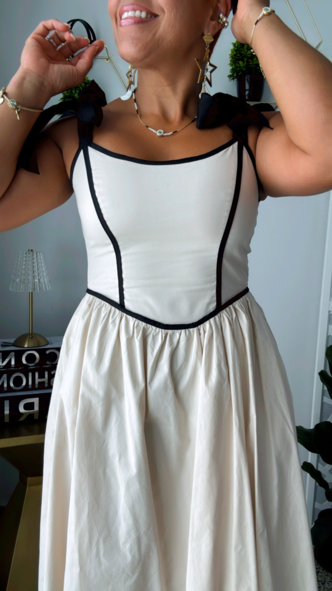 Poplin Bow Strap Contrast Midi Dress