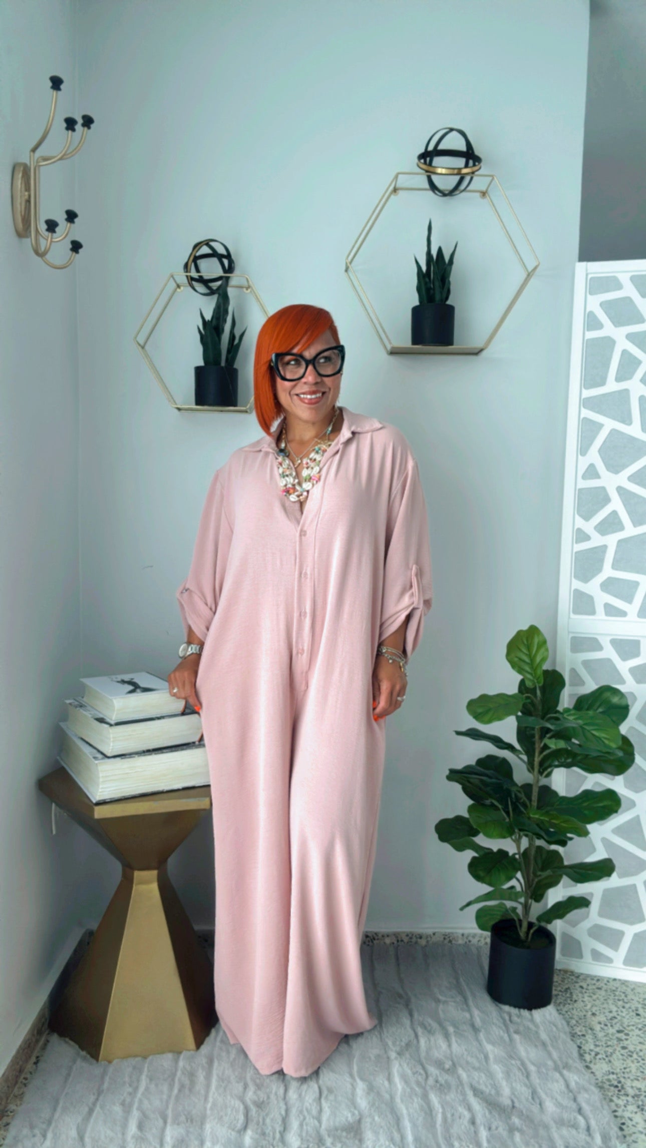 Rose Chic Oversized Button-Up Jumpsuit,