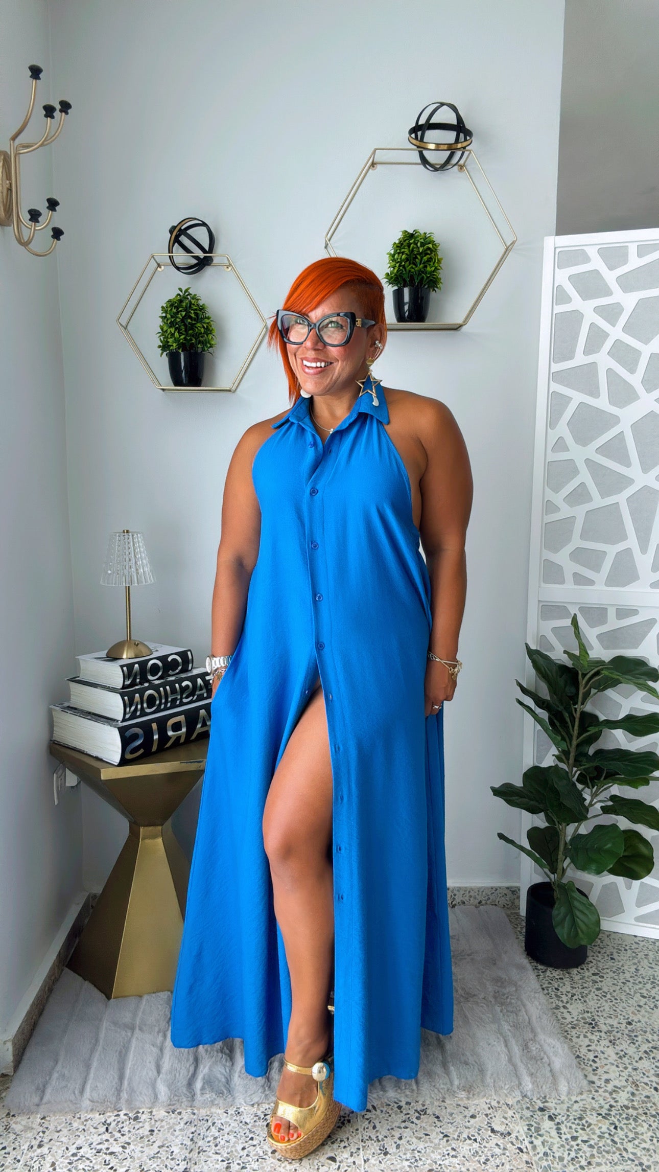 Halter Button Down Backless Dress