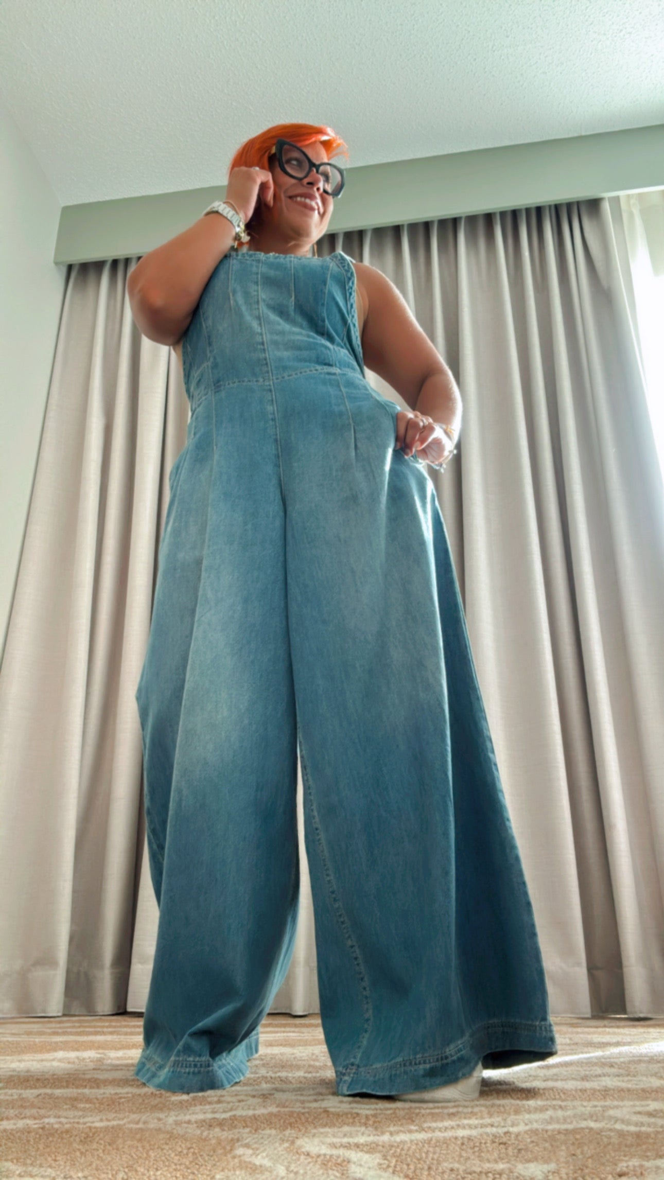 Wide Leg Denim Jumpsuit - Medium Wash