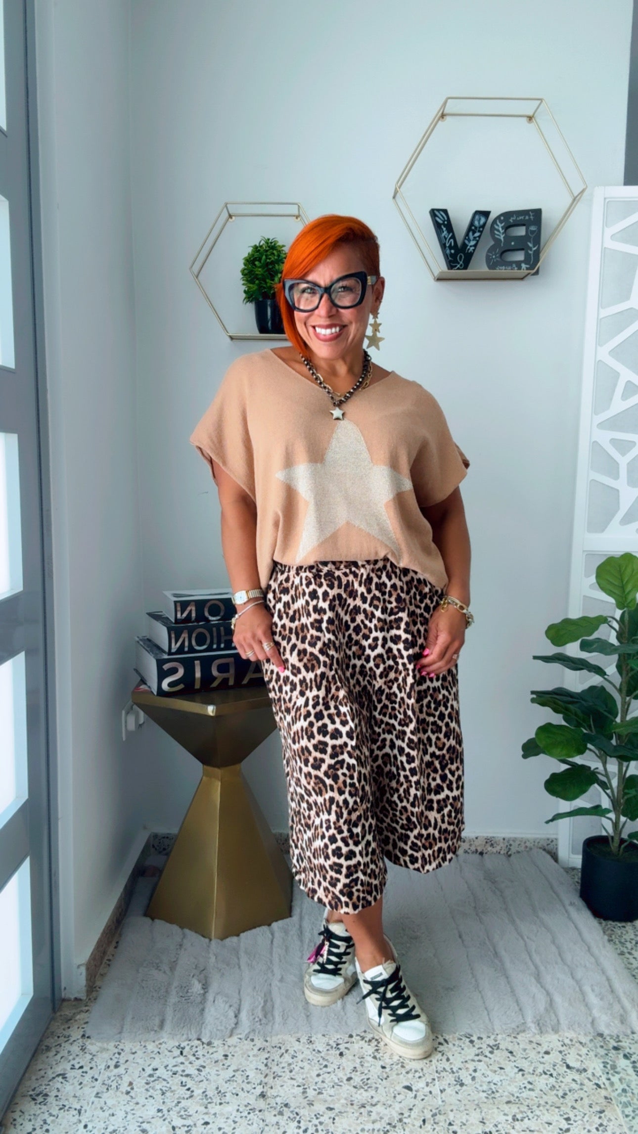 Beige With Gold Star Oversized Top