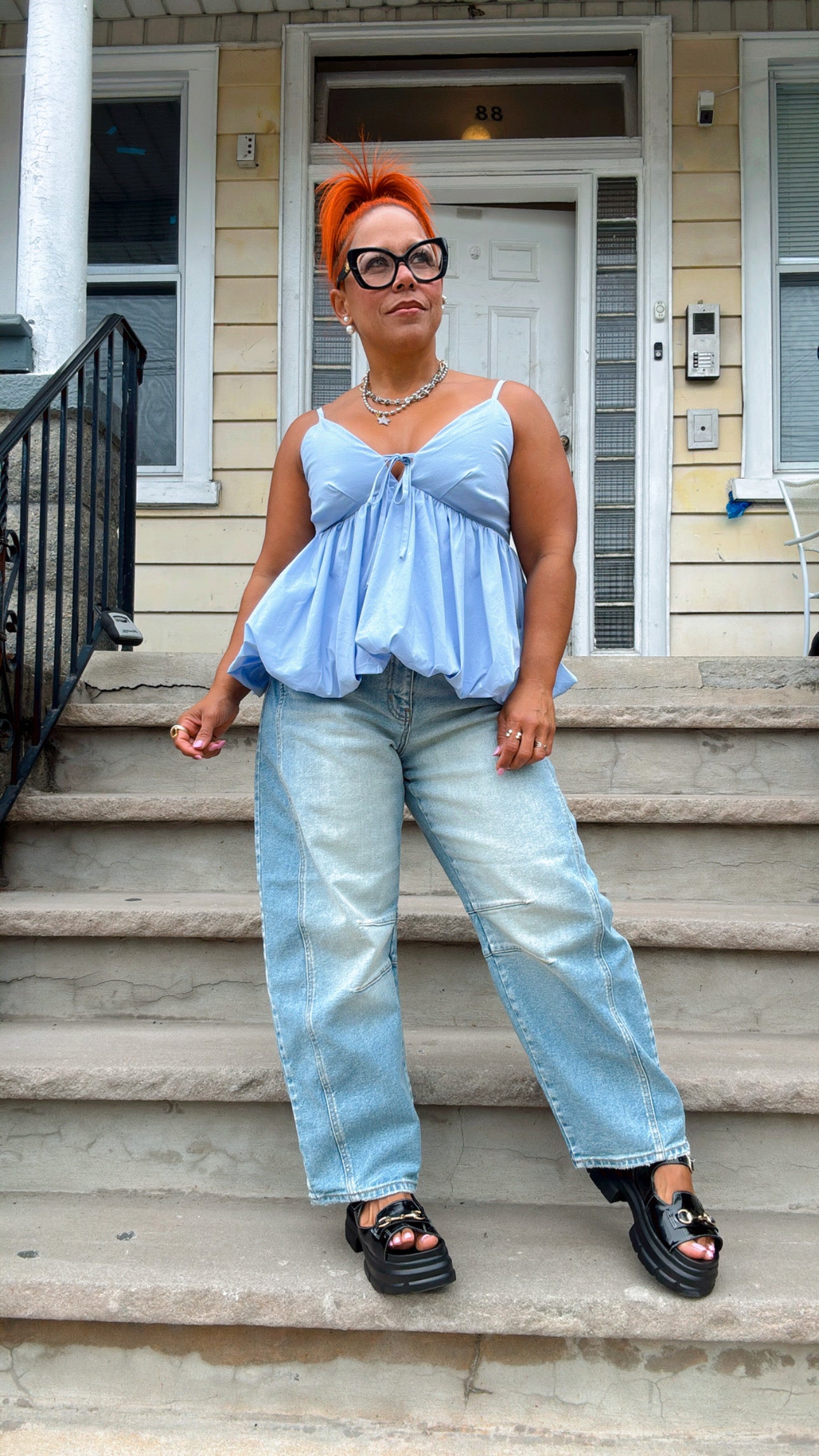 Puff Bottom Tie Front Cami Tank - Baby Blue