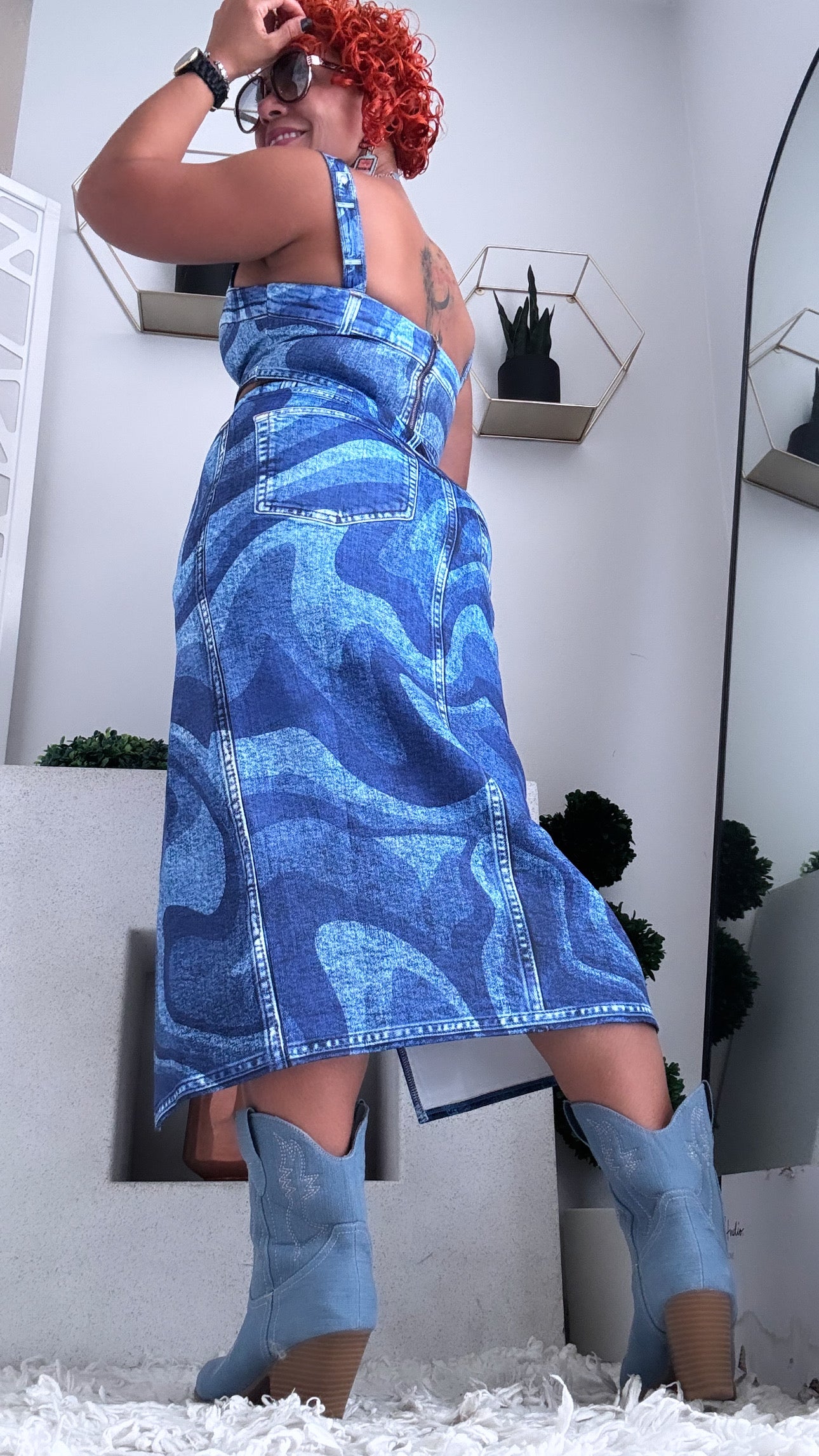 Abstract Wave Print Denim Two-Piece Set: Top and Skirt