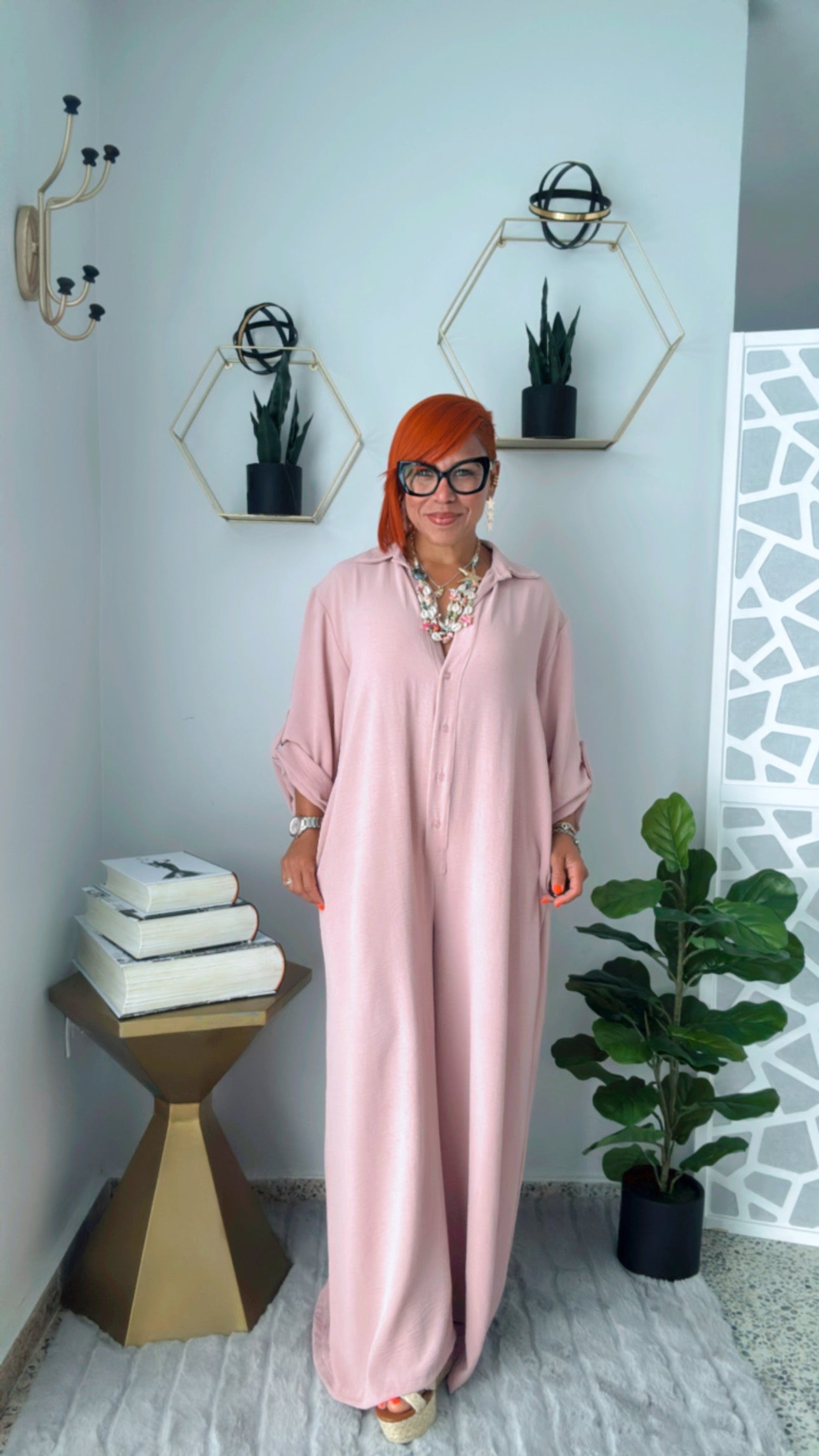 Rose Chic Oversized Button-Up Jumpsuit,
