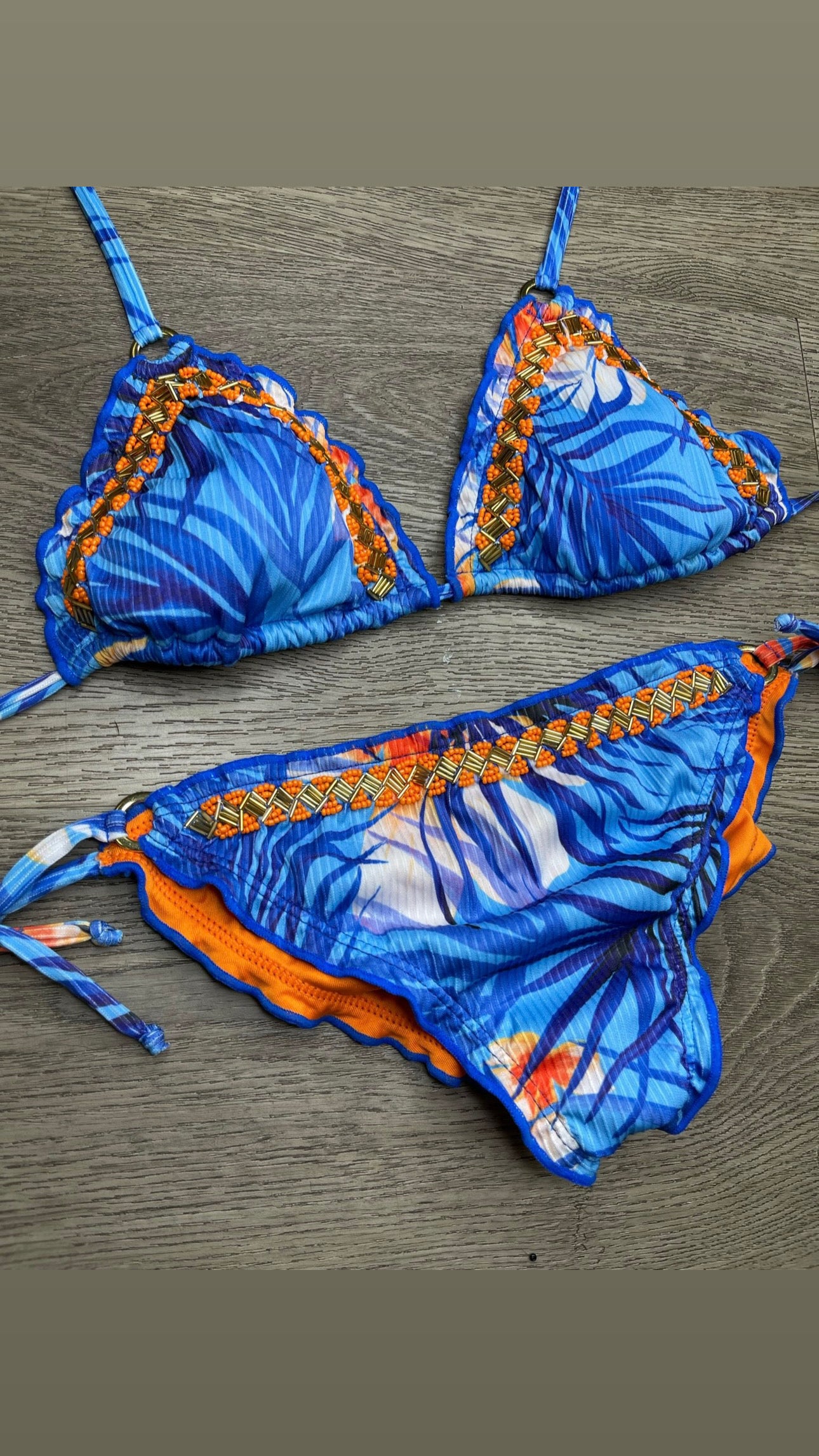 Iraca Blue and Orange Floral Bikini with Adjustable Straps