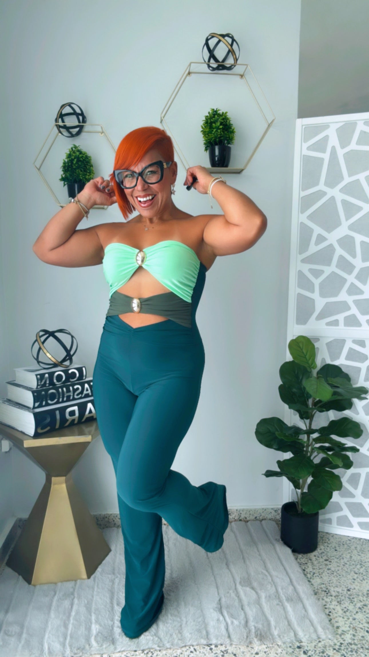 Green Color Block Cut-Out Jumpsuit