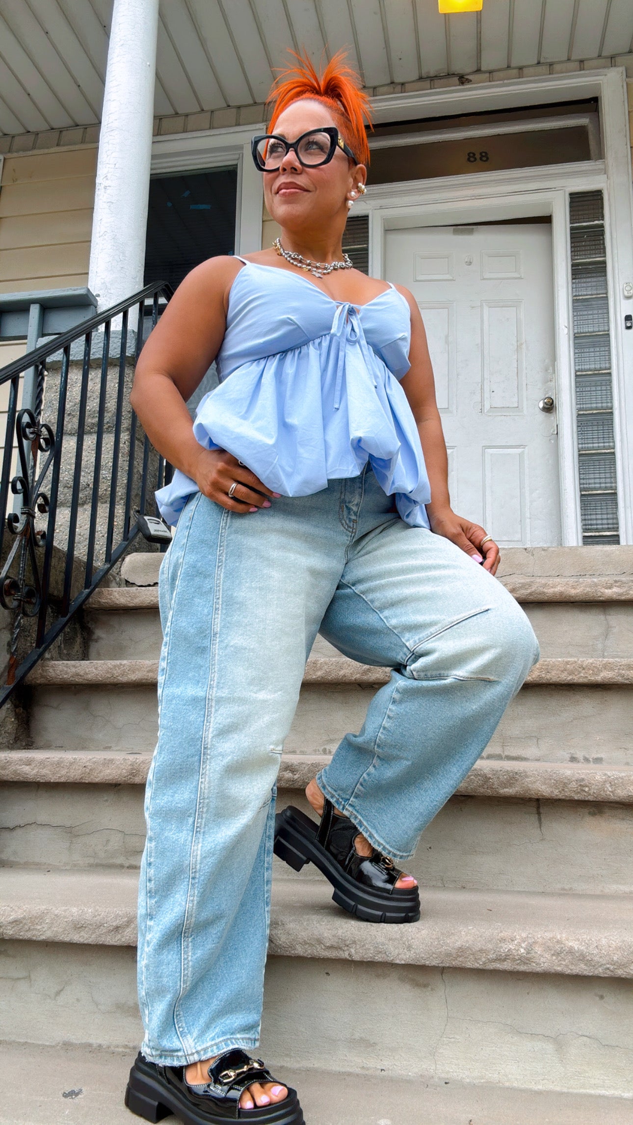 Puff Bottom Tie Front Cami Tank - Baby Blue