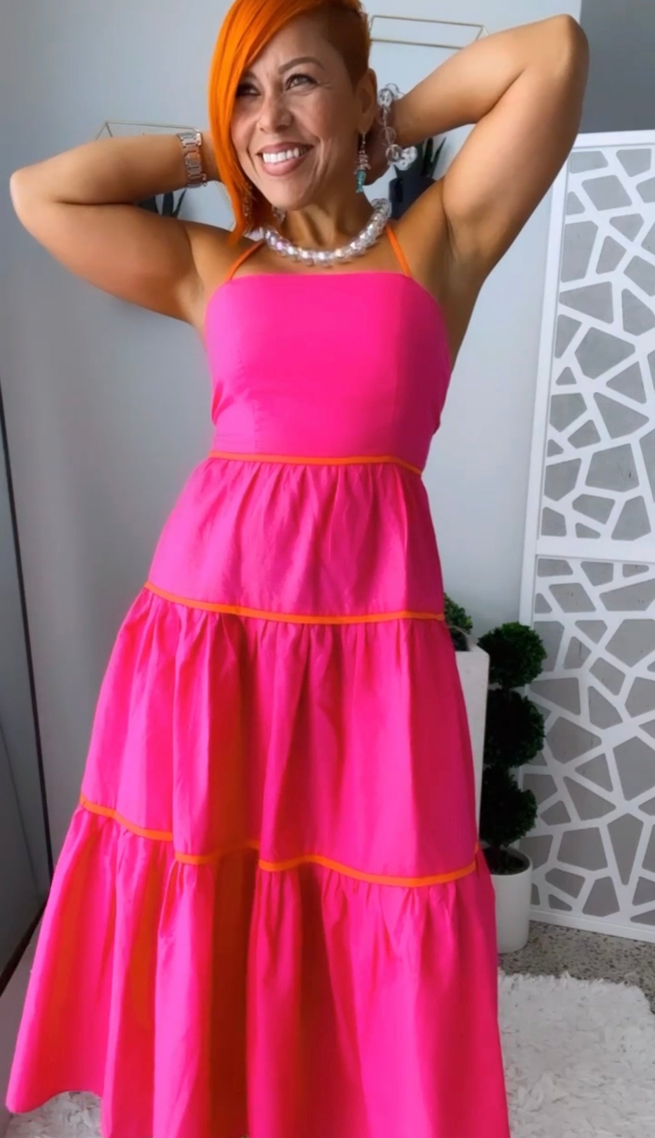 Bright Pink Tiered Maxi Dress with Orange Accent Details