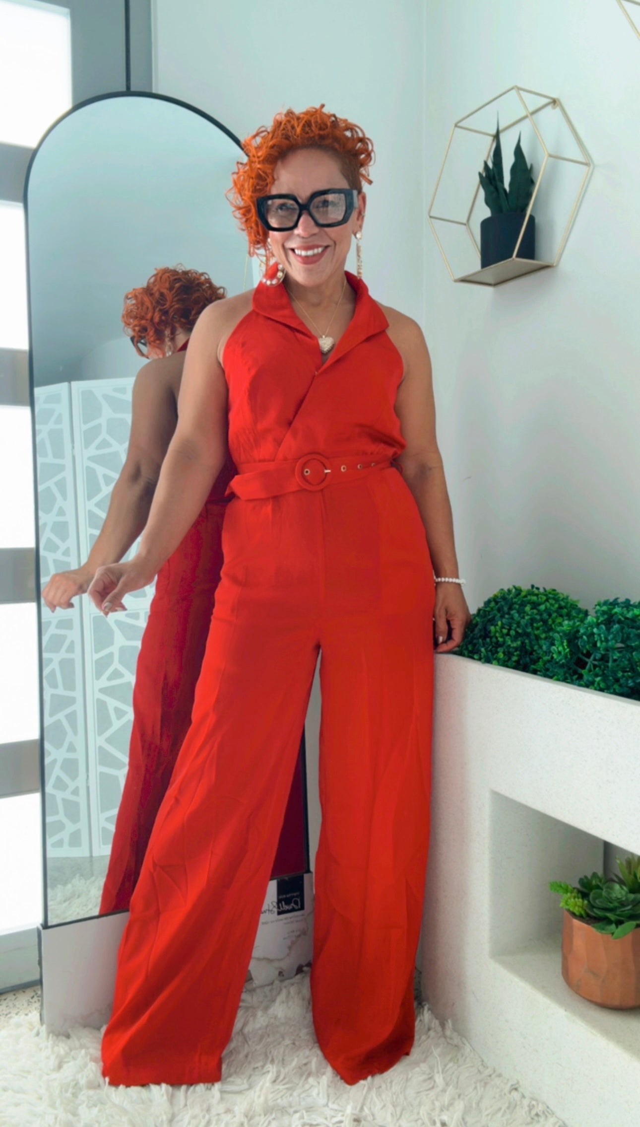 Elegant Red Halter Wide-Leg Jumpsuit with Belt