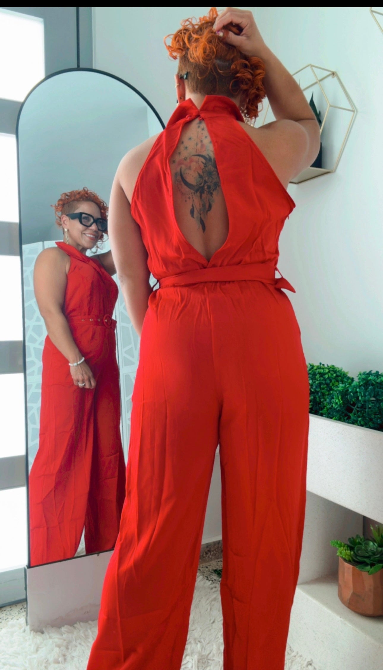 Elegant Red Halter Wide-Leg Jumpsuit with Belt