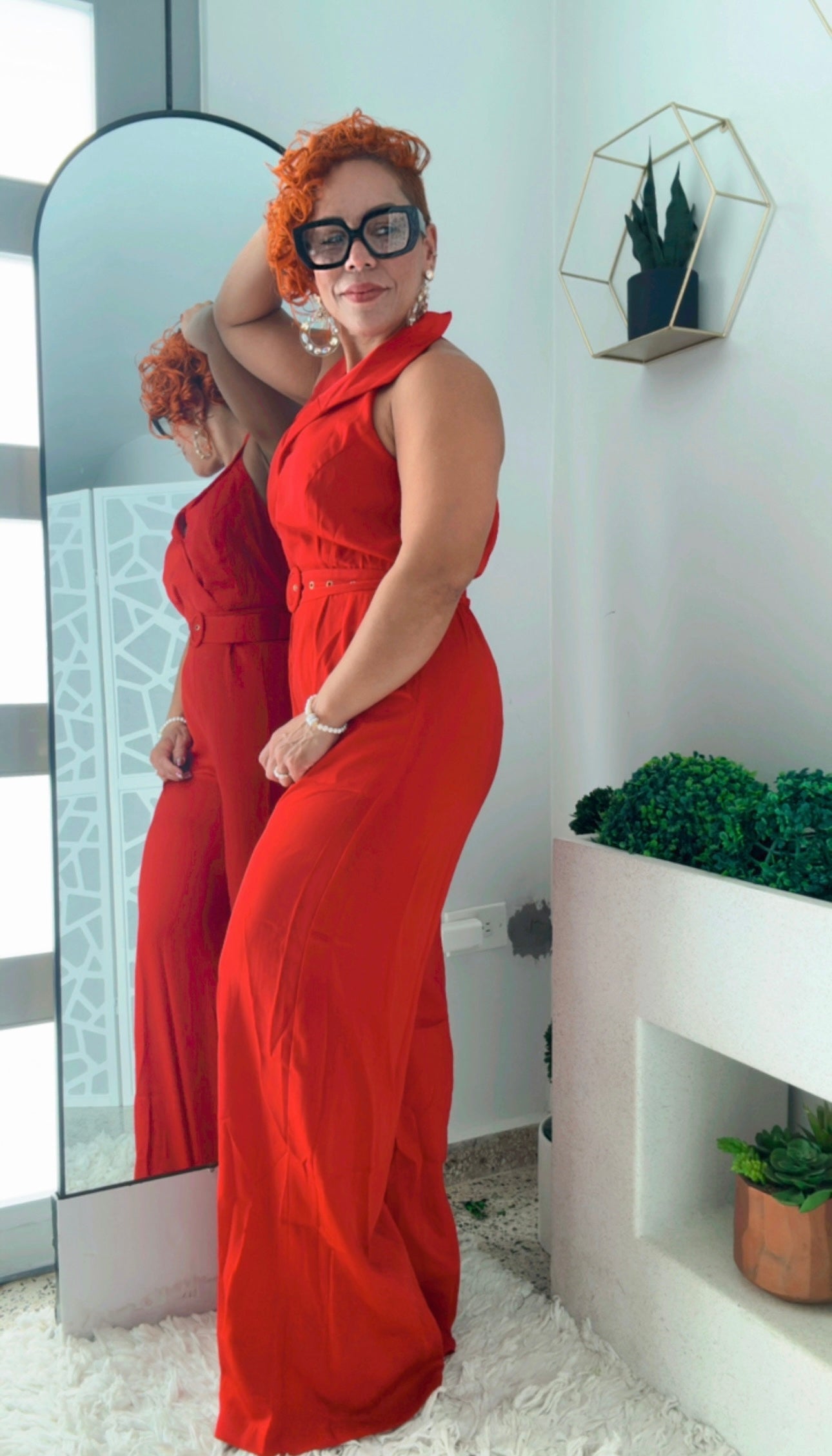 Elegant Red Halter Wide-Leg Jumpsuit with Belt
