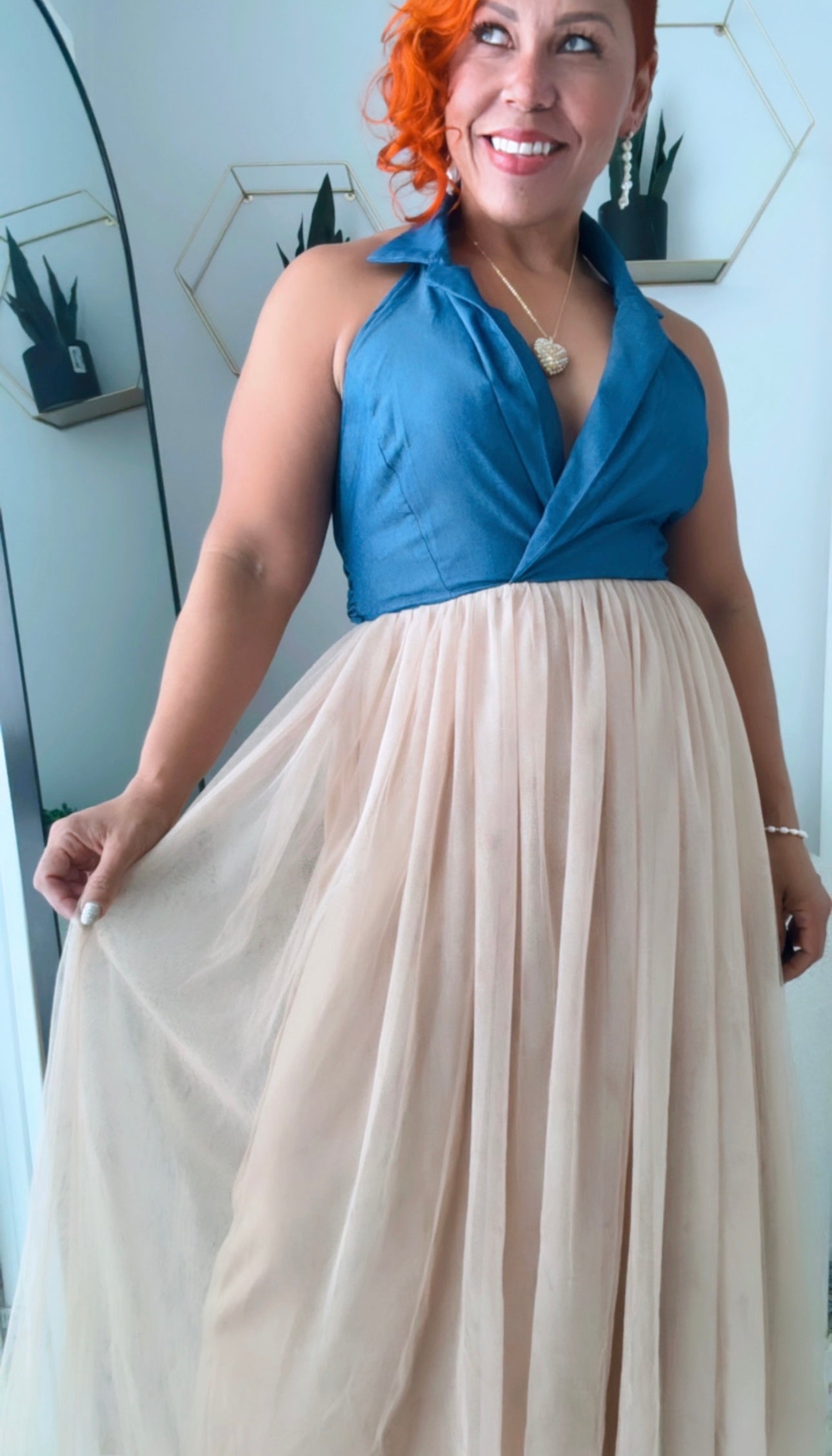 Chic Denim and Tulle Layered Maxi Dress