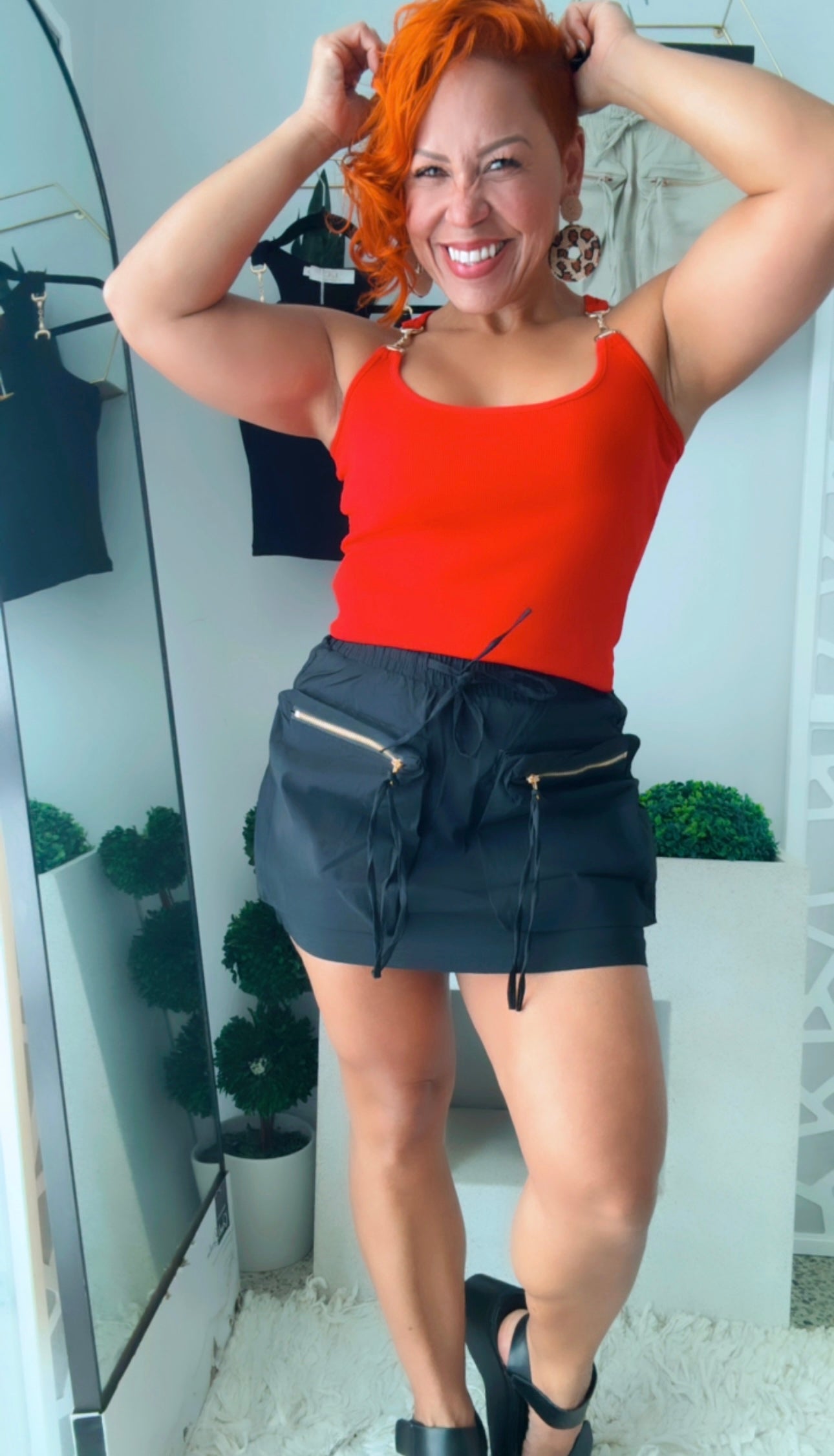 High-Waist Drawstring Utility Mini Skirt with Zipper Pockets