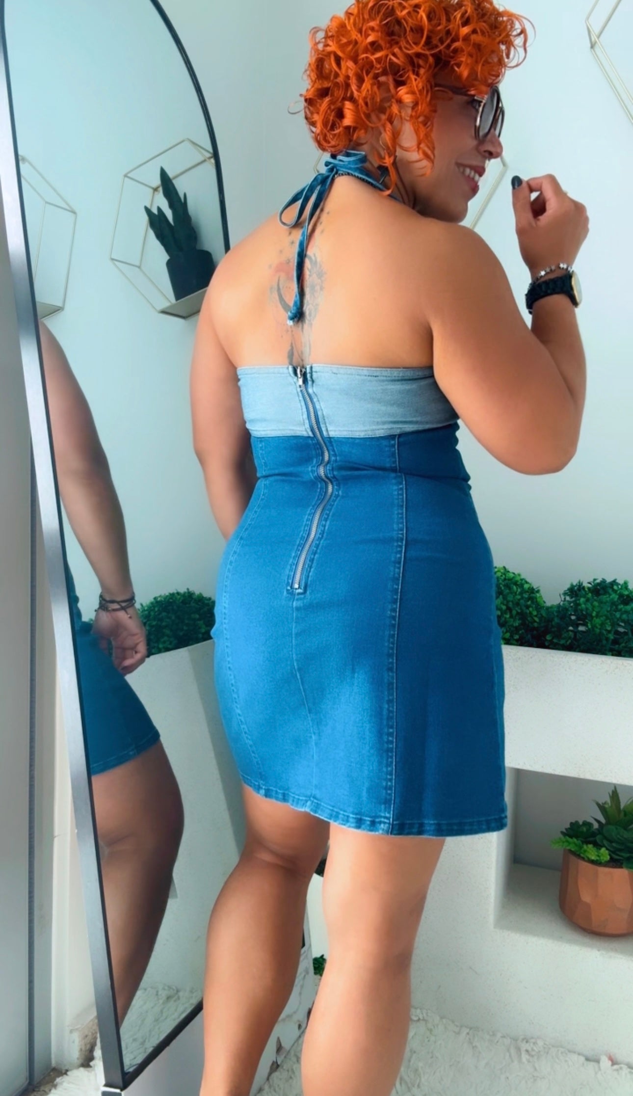 Fitted Blue Denim Halter Dress with Contrast Details