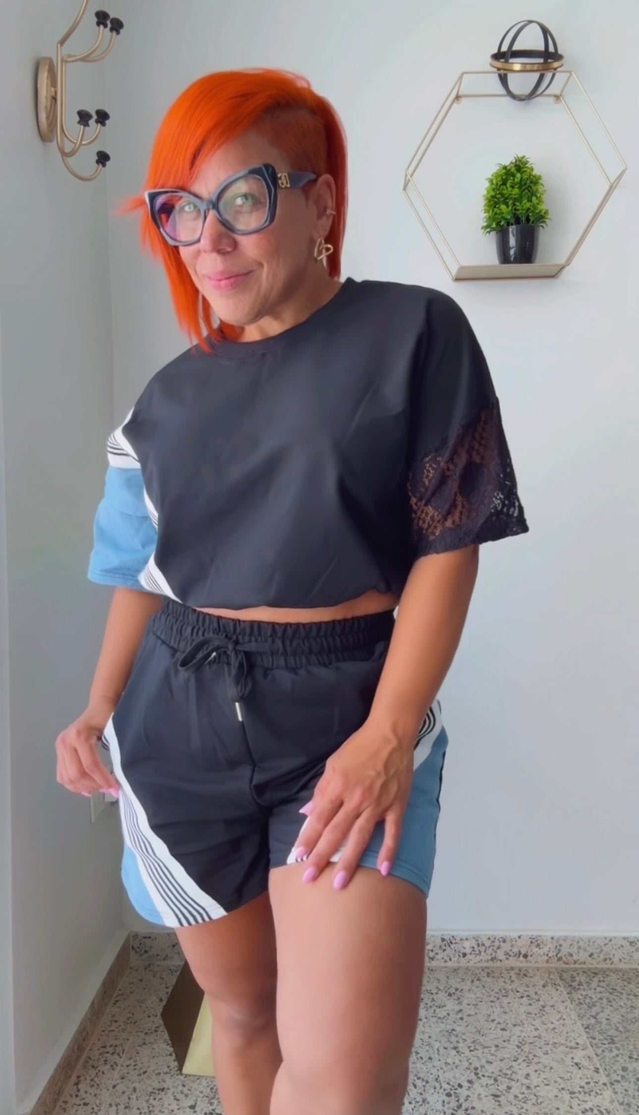 Denim & Black Contrast Short Travel Set with Lace on Sleeve