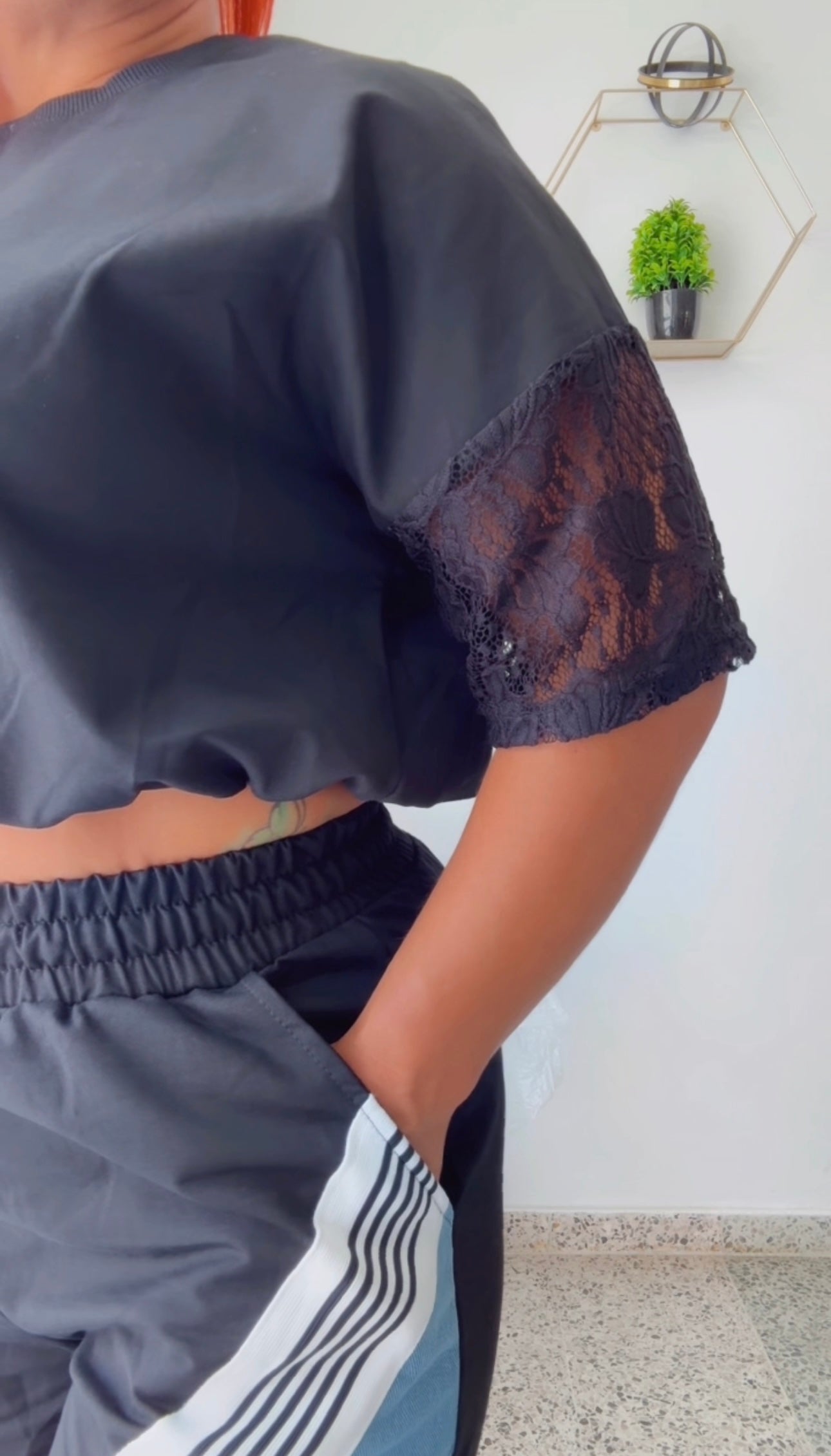 Denim & Black Contrast Short Travel Set with Lace on Sleeve