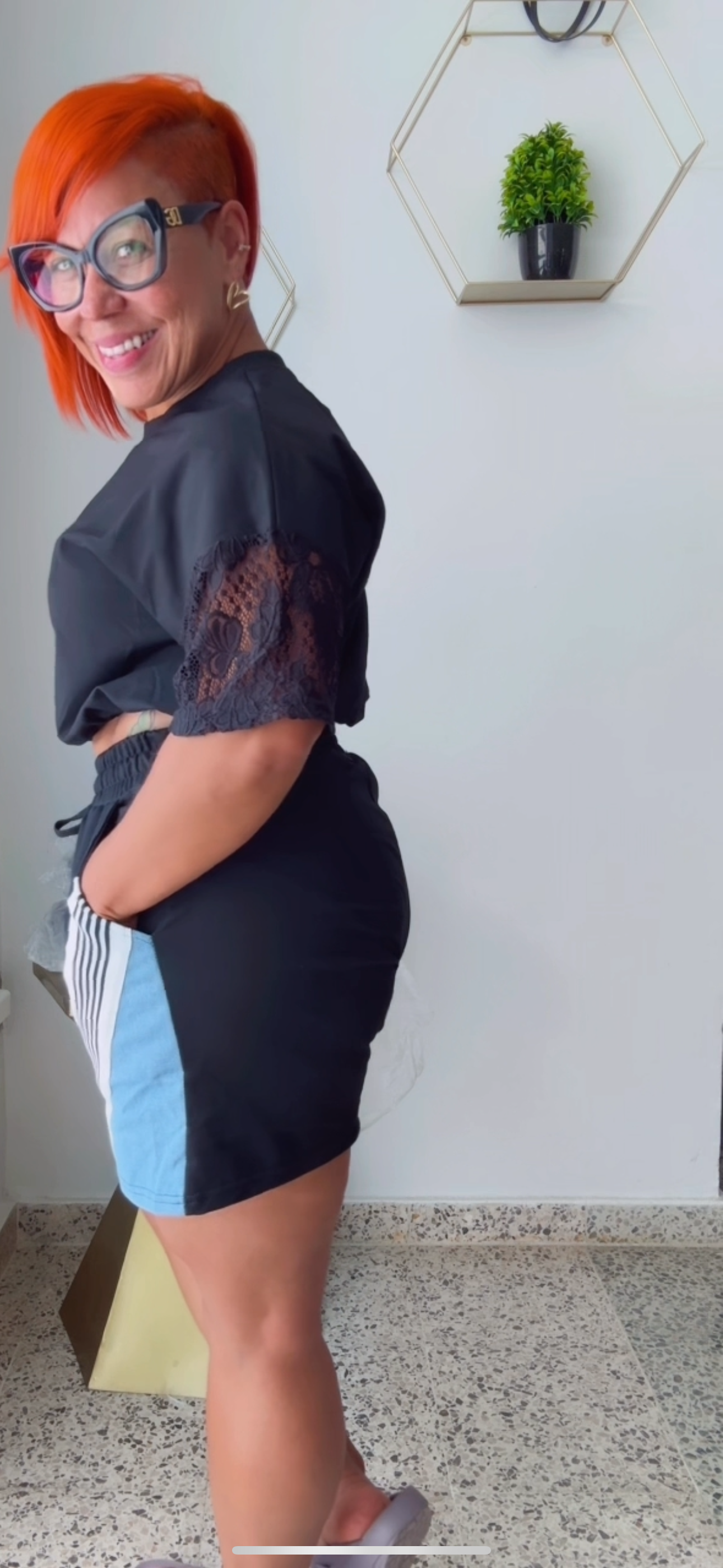 Denim & Black Contrast Short Travel Set with Lace on Sleeve