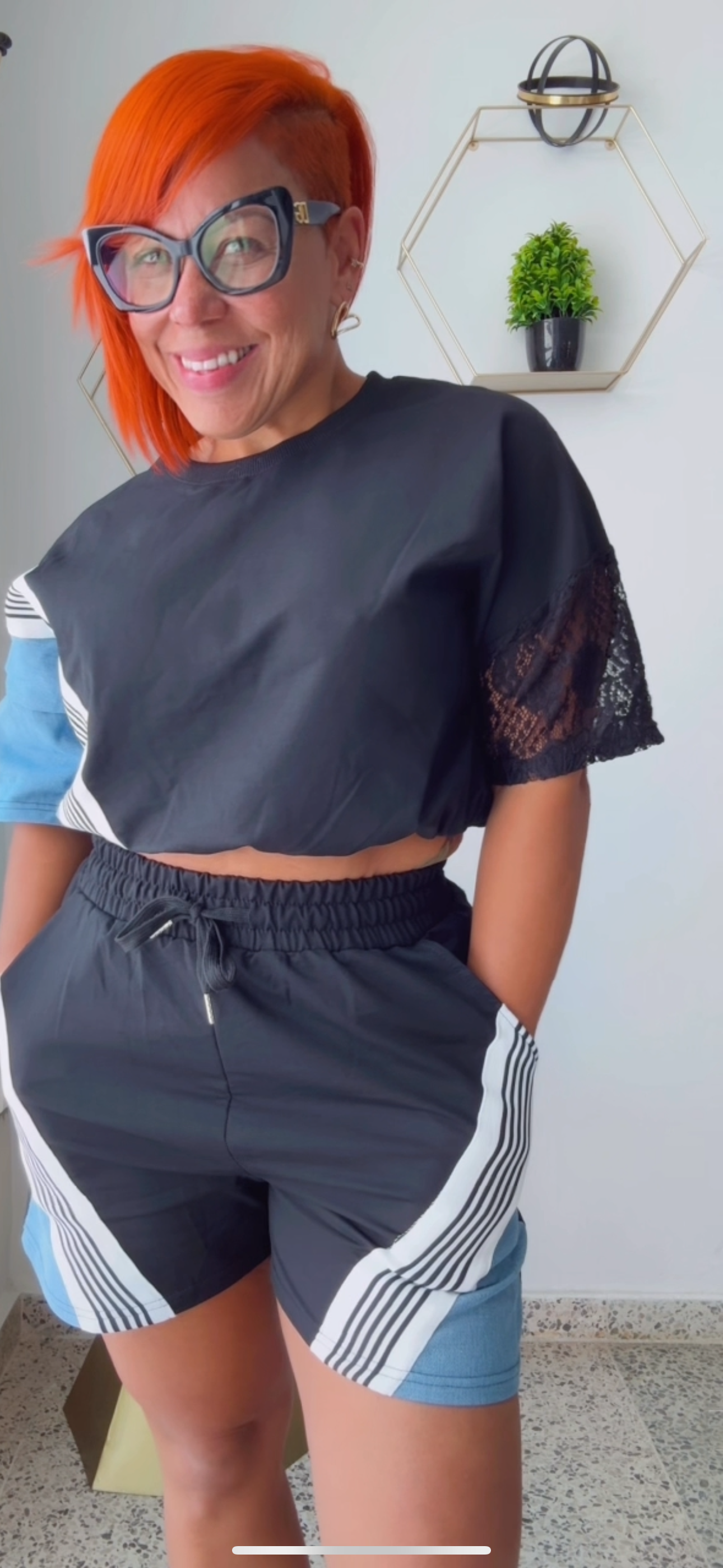Denim & Black Contrast Short Travel Set with Lace on Sleeve