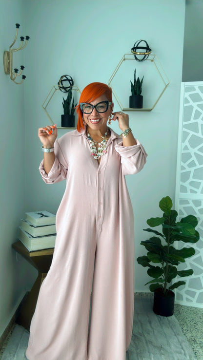 Rose Chic Oversized Button-Up Jumpsuit,