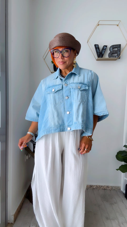 Short Sleeve Oversized Light Denim Jacket