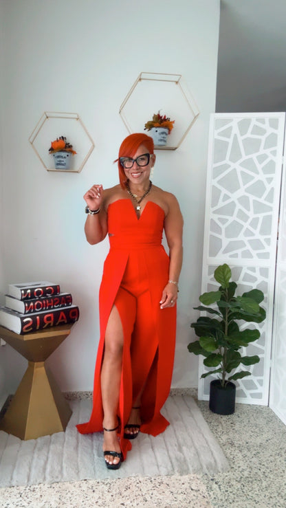 Red Jumpsuit with Cut-out Leg