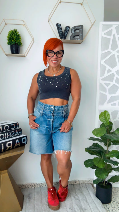 Rhinestone Washed Gray Crop Top