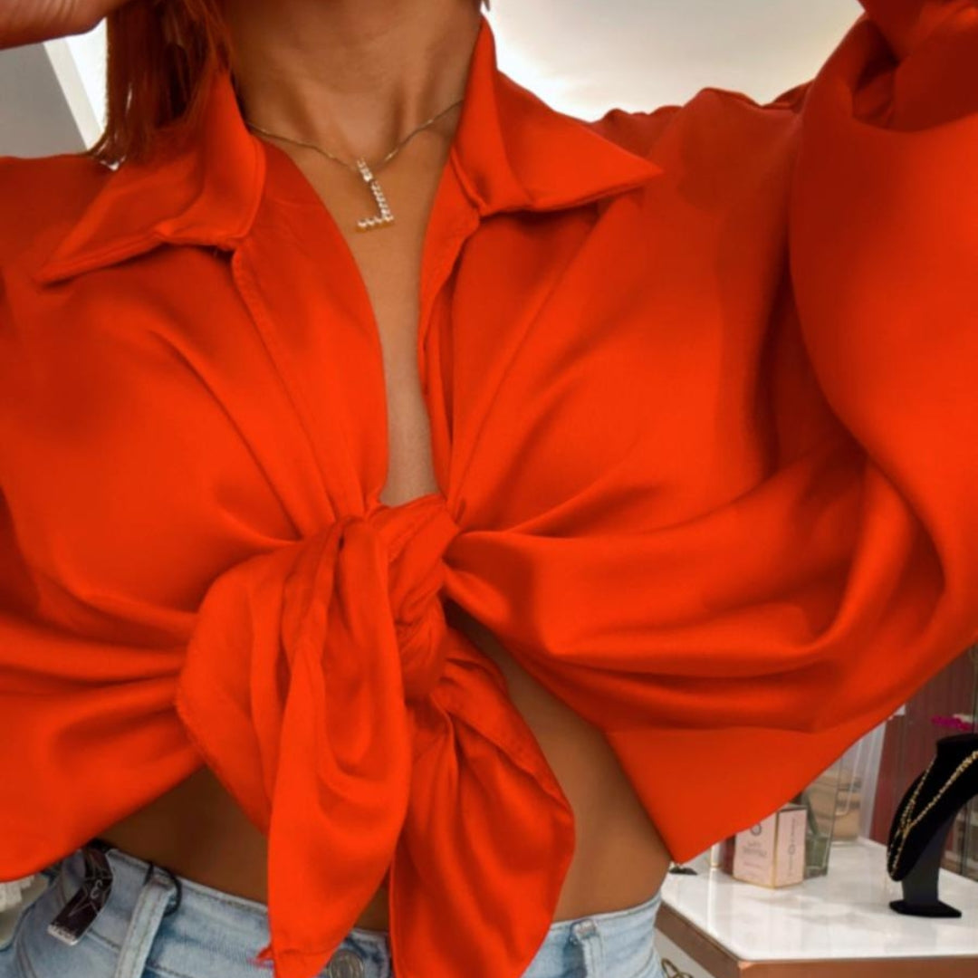 Fiery Red Balloon Sleeve Tie-Front Blouse