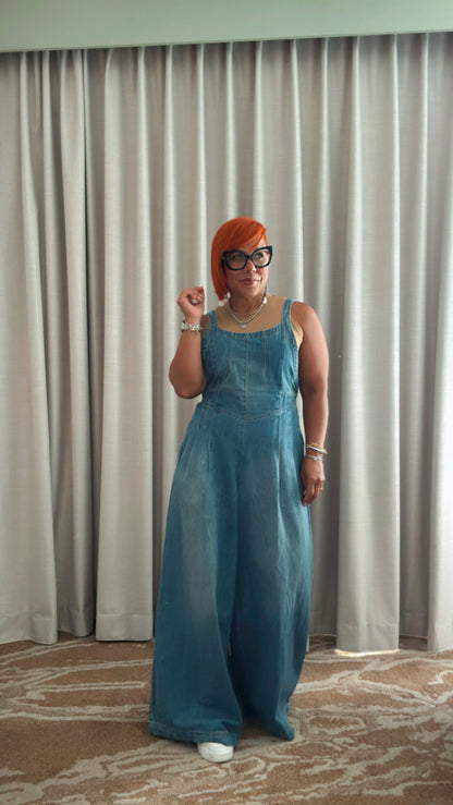 Wide Leg Denim Jumpsuit - Medium Wash