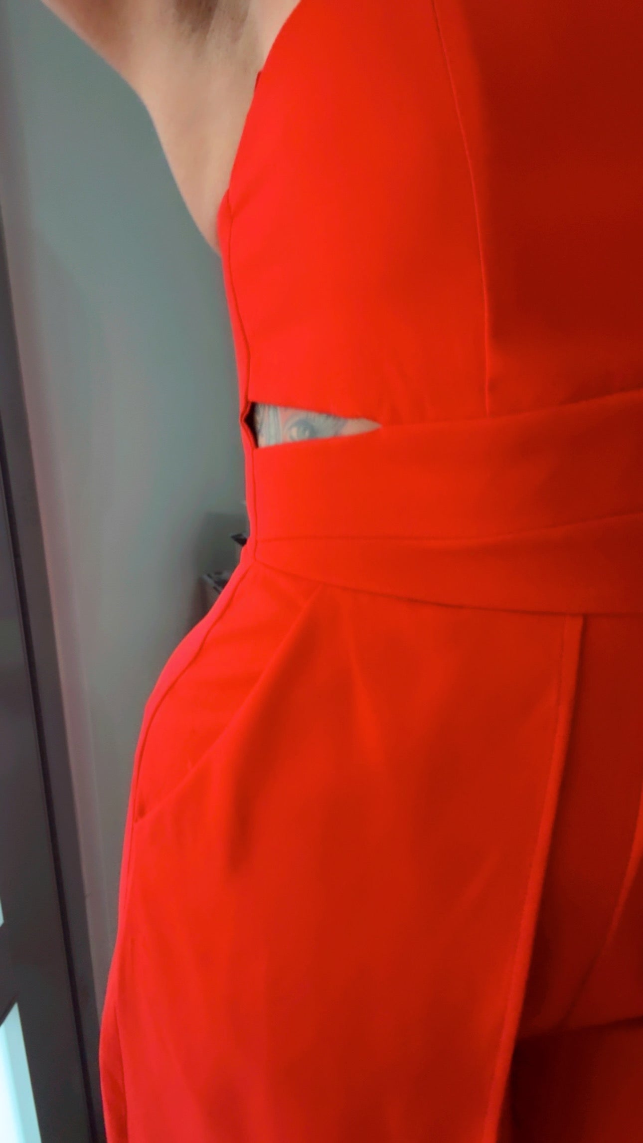 Red Jumpsuit with Cut-out Leg