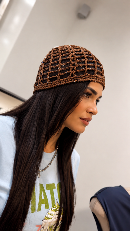 Chocolate Crochet Cap with Rhinestone