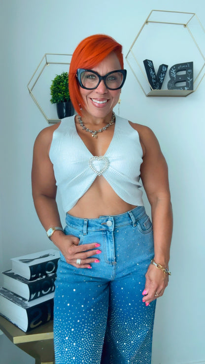 Rhinestone Heart Silver Metallic Crop Top